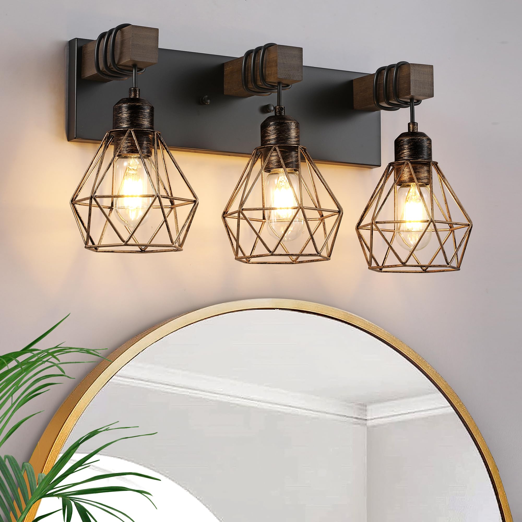 Farmhouse Bathroom Light Fixtures, 3-Light Bathroom Lighting Fixtures Over Mirror, Rustic Wood Black Gold Vanity Lights Wall Sco