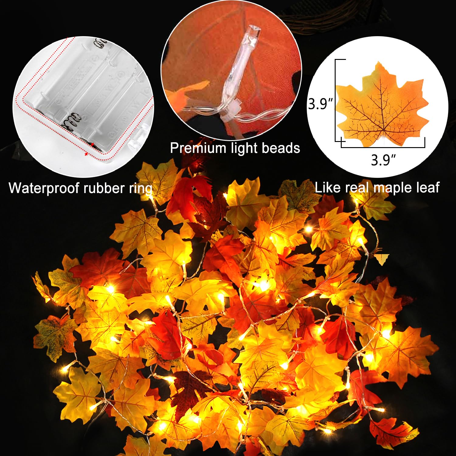 AKIT Lighted Fall Garland 45 LED Outdoor String Lights 15.7FT Waterproof Battery Operated Mix Leaves Model WEH-24FYD-LK6S