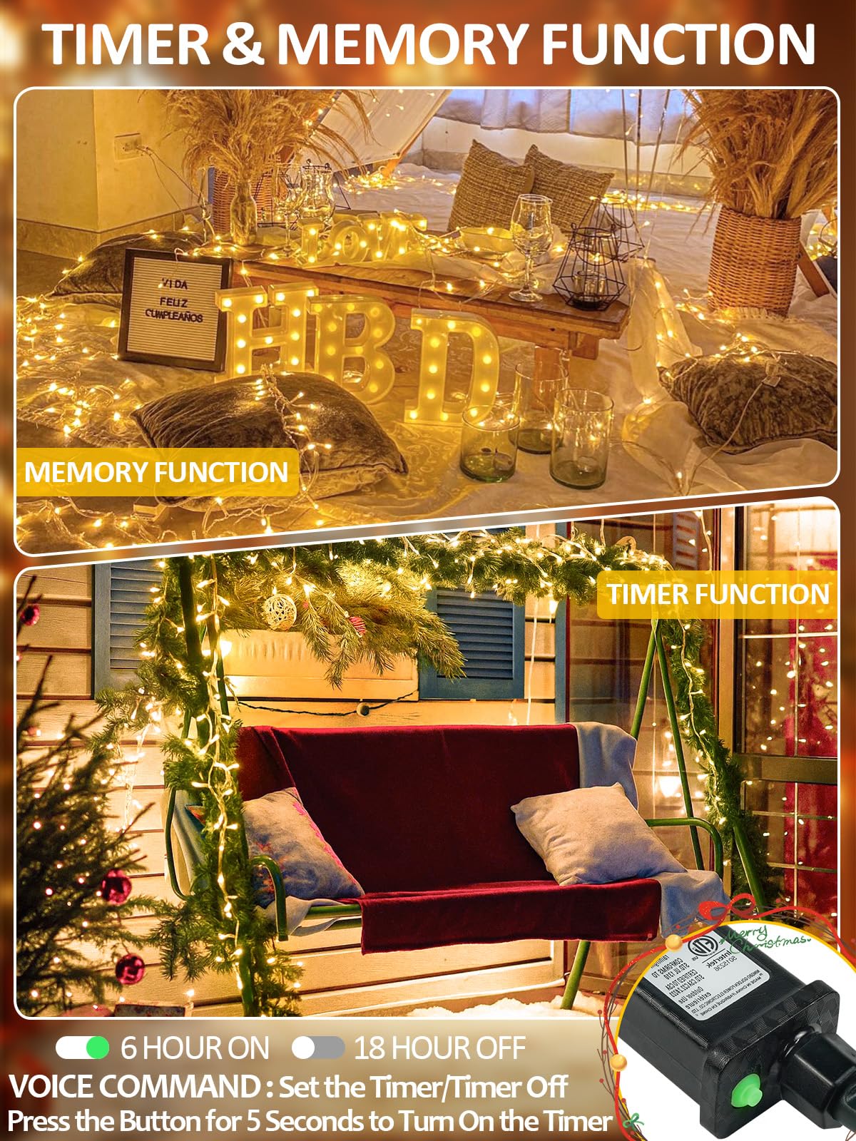 Voice Control Smart Christmas Lights Indoor Outdoor  Clear Wire 66Ft 200 Led String Lights Waterproof  12 Modes Twinkle Fairy String Light For Xmas Tree Wedding Party Bedroom Decorations (Warm White)