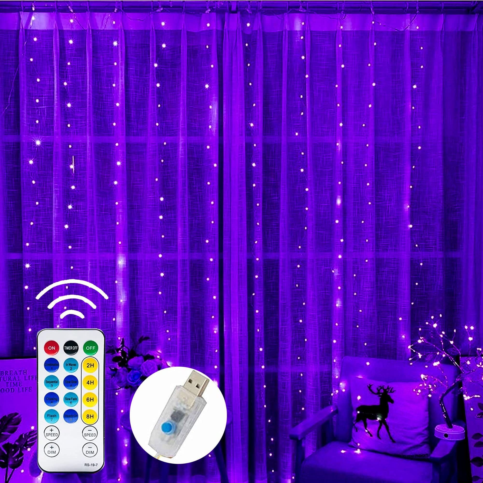 Dazzle Bright Curtain String Lights, 300 LED, 9.8ft x 9.8ft, USB Powered, Waterproof, Purple Fairy Lights for Indoor/Outdoor Decorations