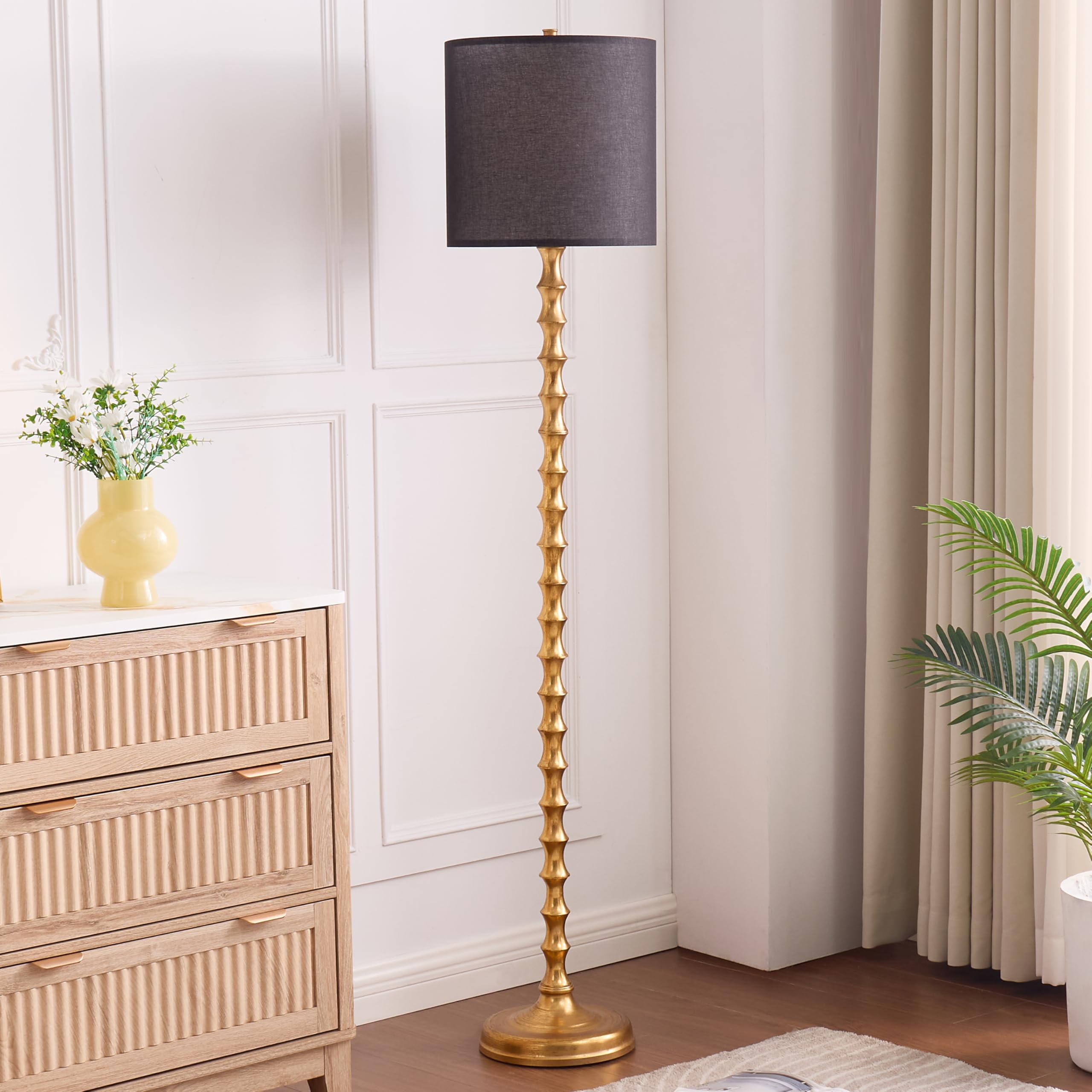 Euo 64.5&quot; Gold Floor Lamp With Black Lampshade, Gold Floor Lamps For Living Room, Gold Bamboo Floor Lamp For Bedroom, Antique Gold Standing Lamp, Traditional Tall Floor Lamp For Home Office, Corner