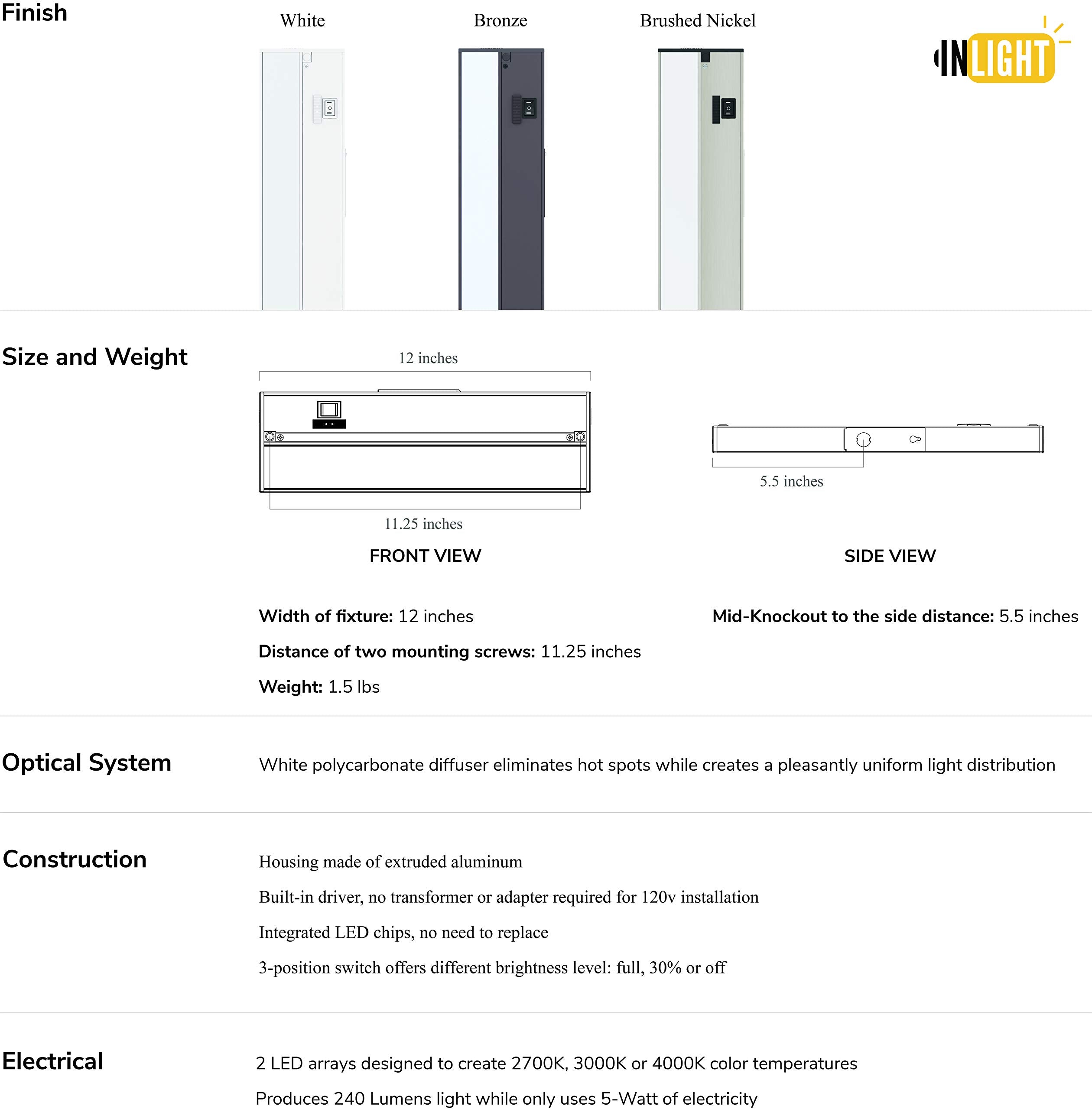 GETINLIGHT LED Under Cabinet Lighting, Dimmable, 12-inch, Brushed Nickel, Warm White (2700K), Soft White (3000K), Bright White (4000K),