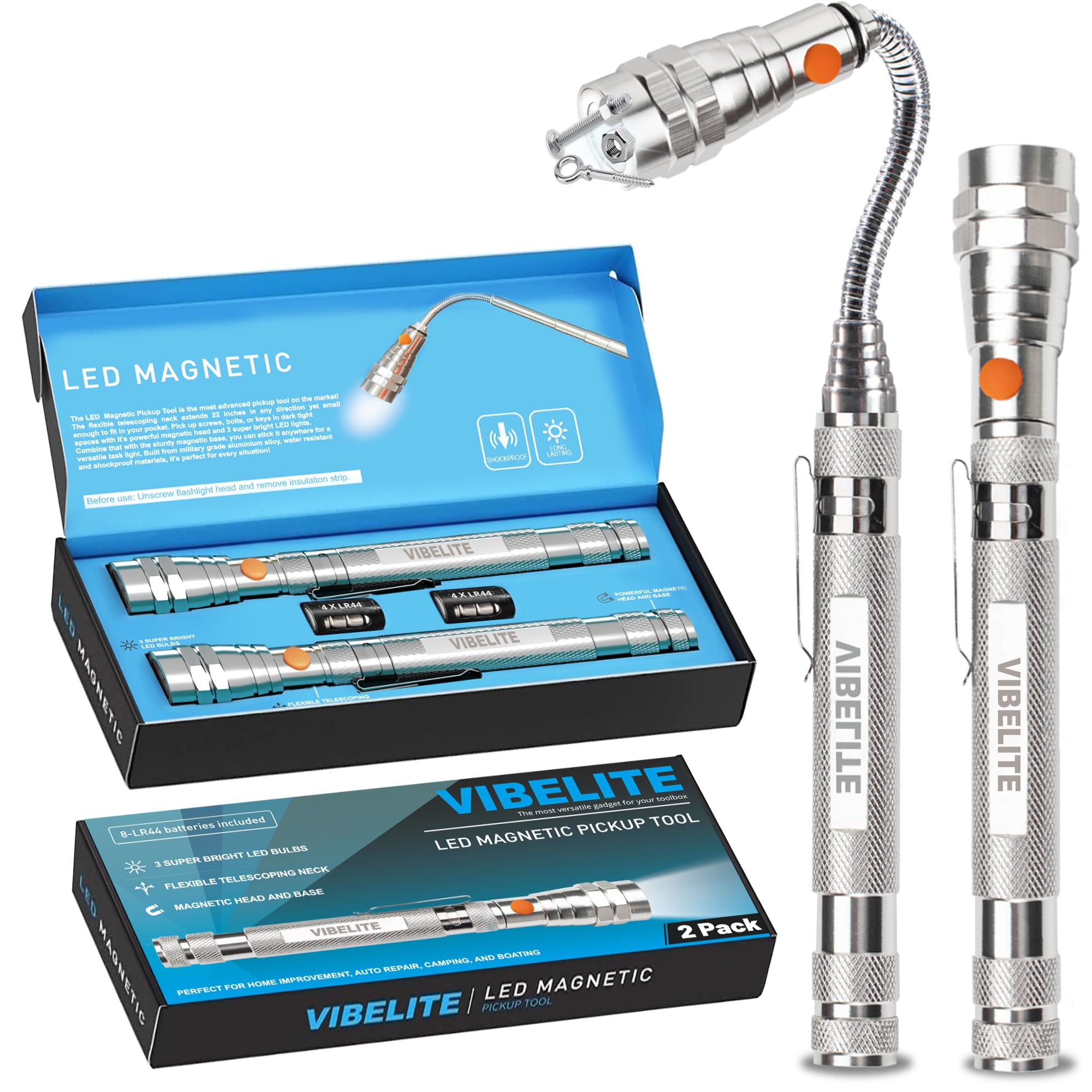 VIB high-standard Extendable Magnetic Flashlight Pickup Tool, Aluminum, Silver, Model 2401MPT, 2 Pack