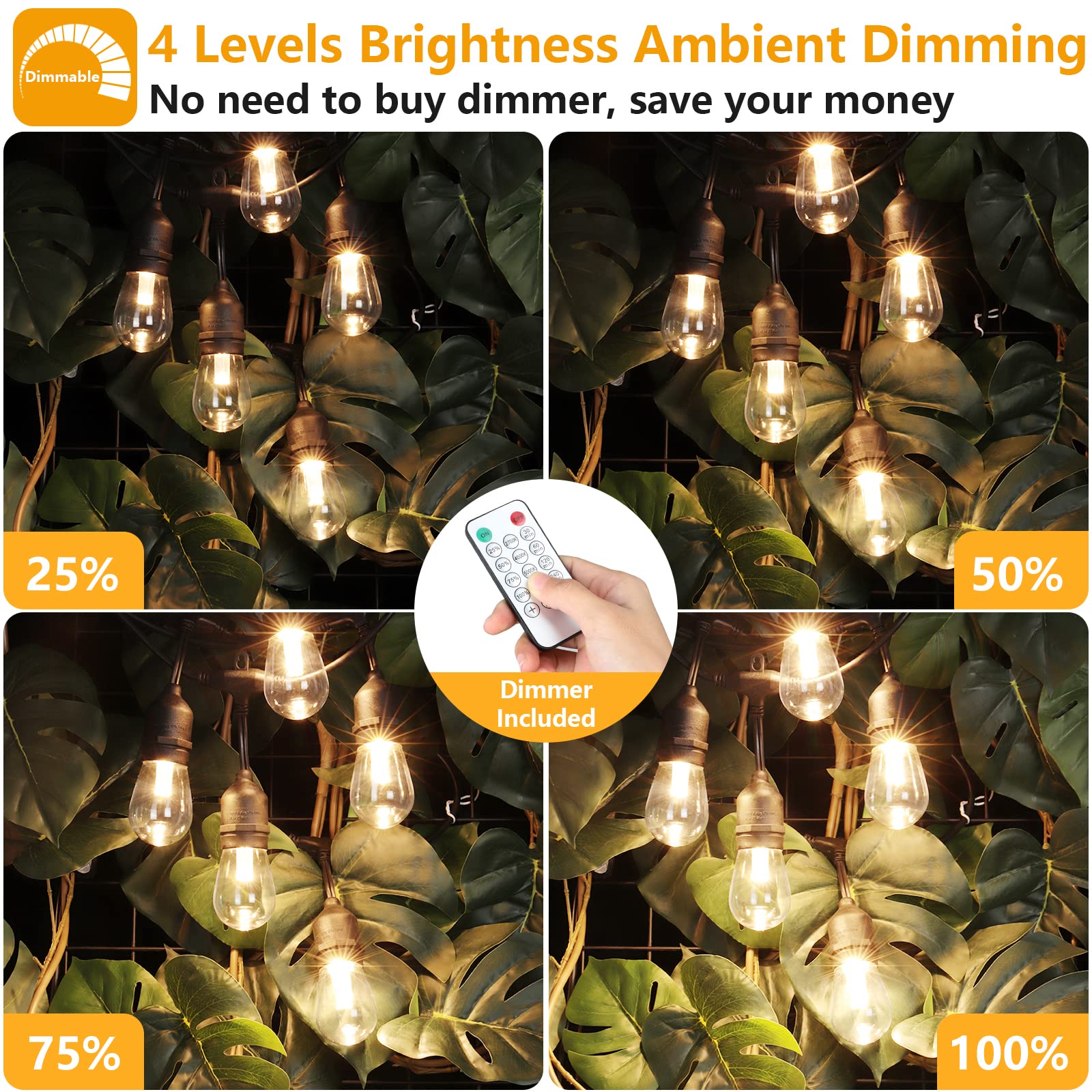 Mlambert 96Ft(2X48Ft) 3-Color In 1 48Ft Led Dimmable Outdoor String Lights With Remote, Plug-In 2700K/4000K/5000K Waterproof Lig