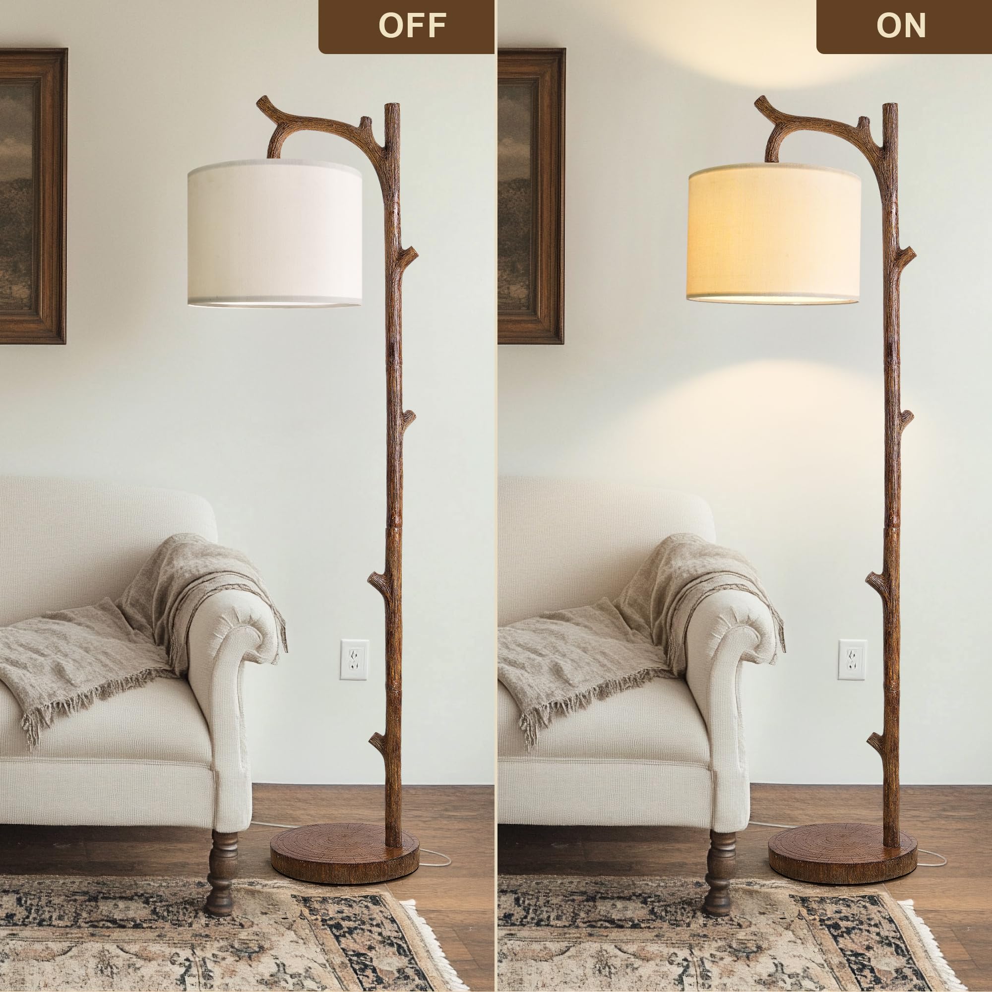 OYEARS Retro Farmhouse Floor Lamp - Brown Tree Trunk Design, Resin Material, Remote Control, Model AMZ-F1159WC-RC