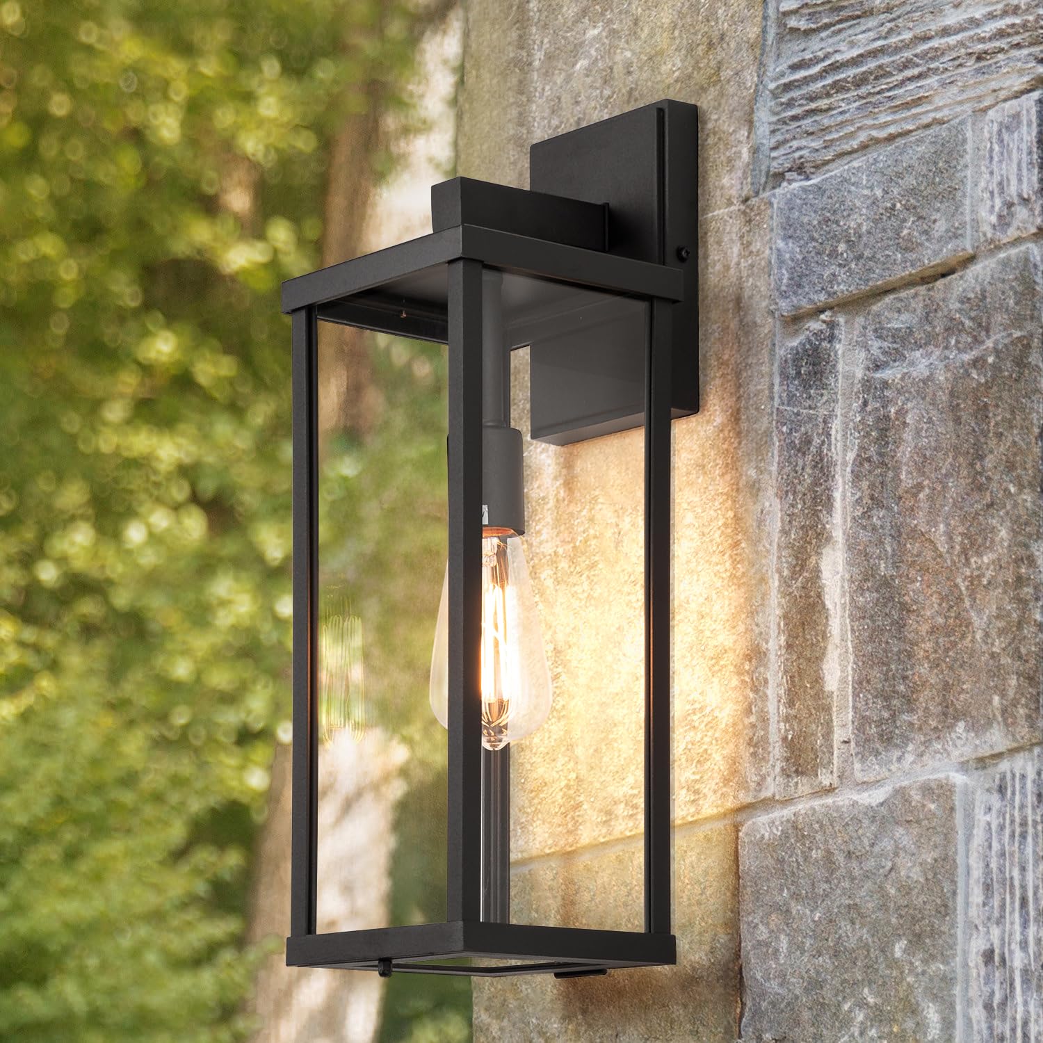 Mirrea 18'' Classic Outdoor Wall Sconce 1 Light In Matte Black Rectangular Metal Frame And Clear Glass Shade Waterproof Porch Li