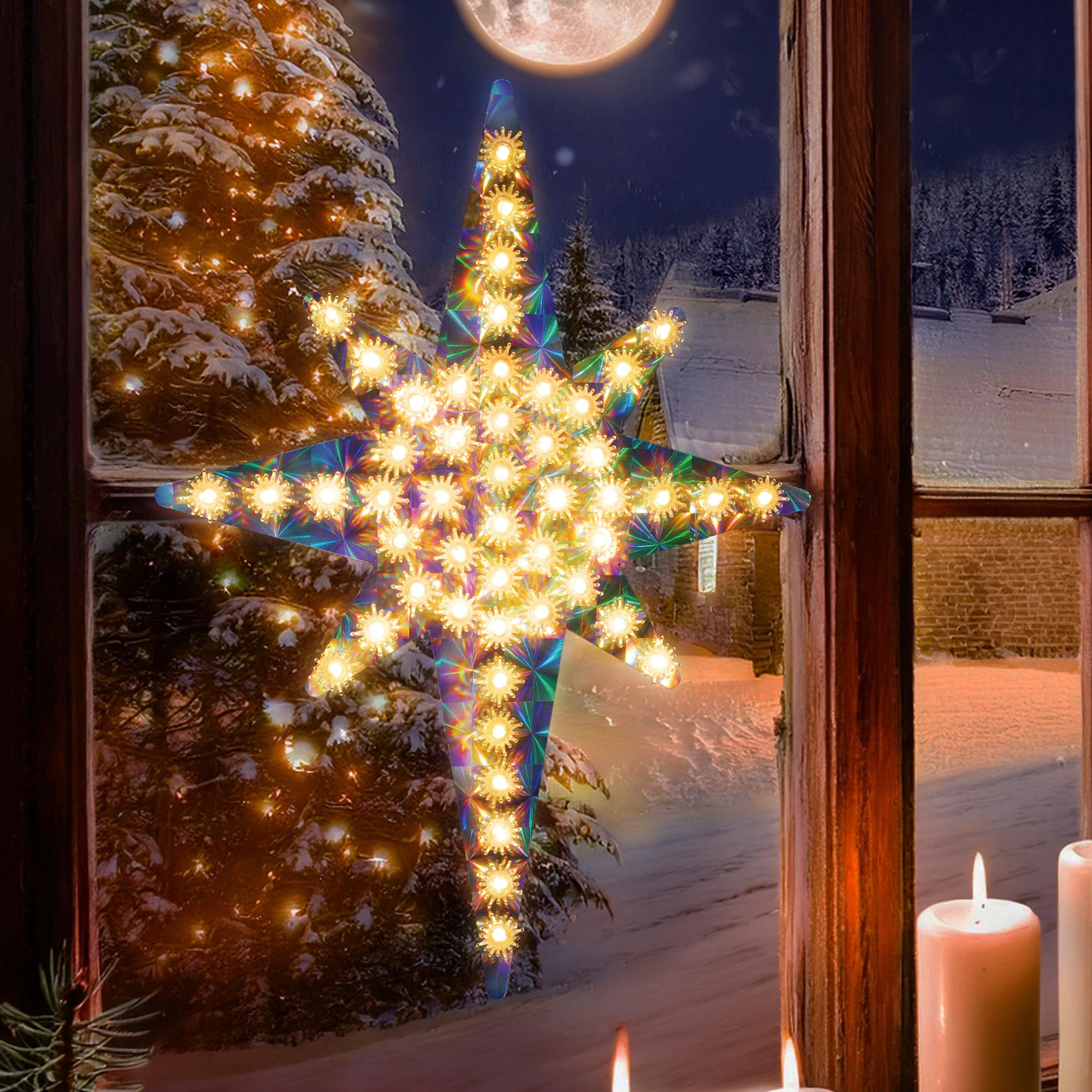 LAMPHOME 21 70 Lights Bethlehem Star Window Sculpture, Lighted Star Christmas Decoration, 24 Inch,Warm White