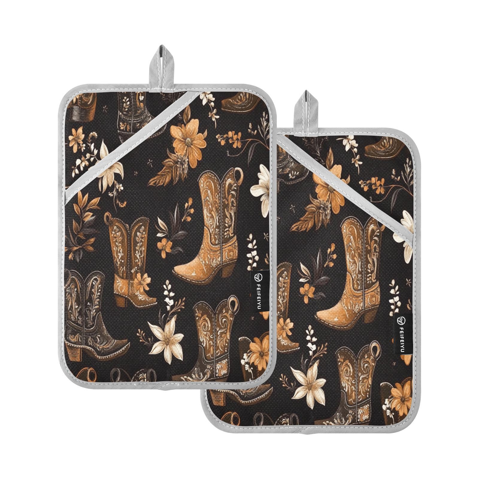 ARGTILDN Western Cowboy Boots Flowers Pot Holders Set of 2 for Kitchen Heat Resistant Potholders Soft Oven Hot Pads with Pockets