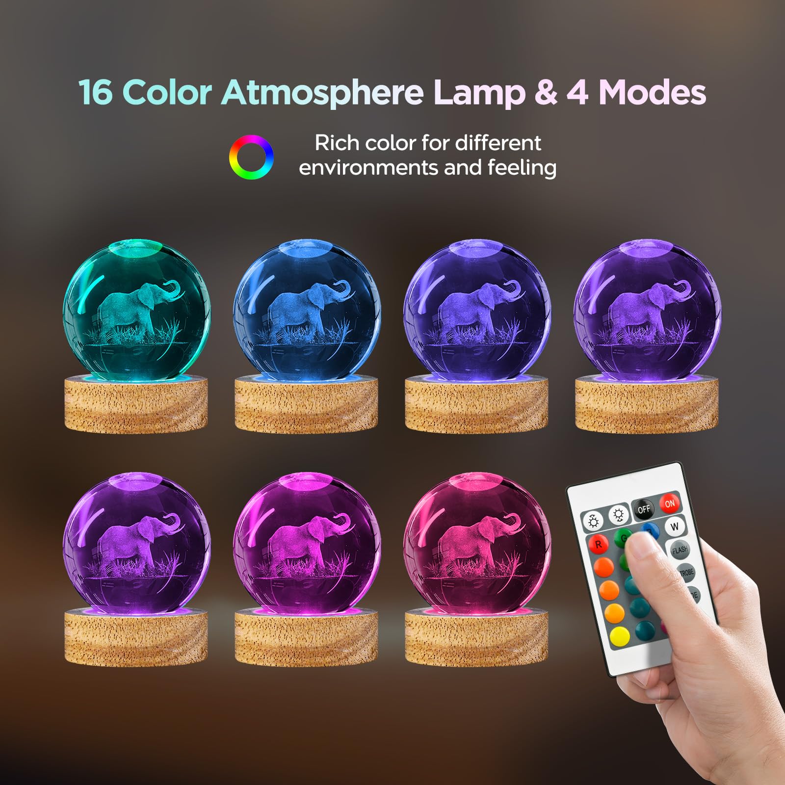 3D Elephant Crystal Ball Night Light Elephant Gifts For Women, 60Mm Elephant Figurine Glass Lamp With 16 Colors And Remote Uniqu