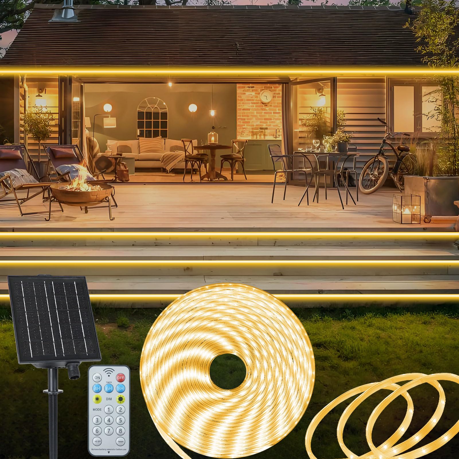Zaiyw 32.8Ft Solar Led Strip Lights Outdoor, Ip68 Fully Waterproof Strip Lights With Timer Remote Dim, Self-Adhesive Cuttable Li