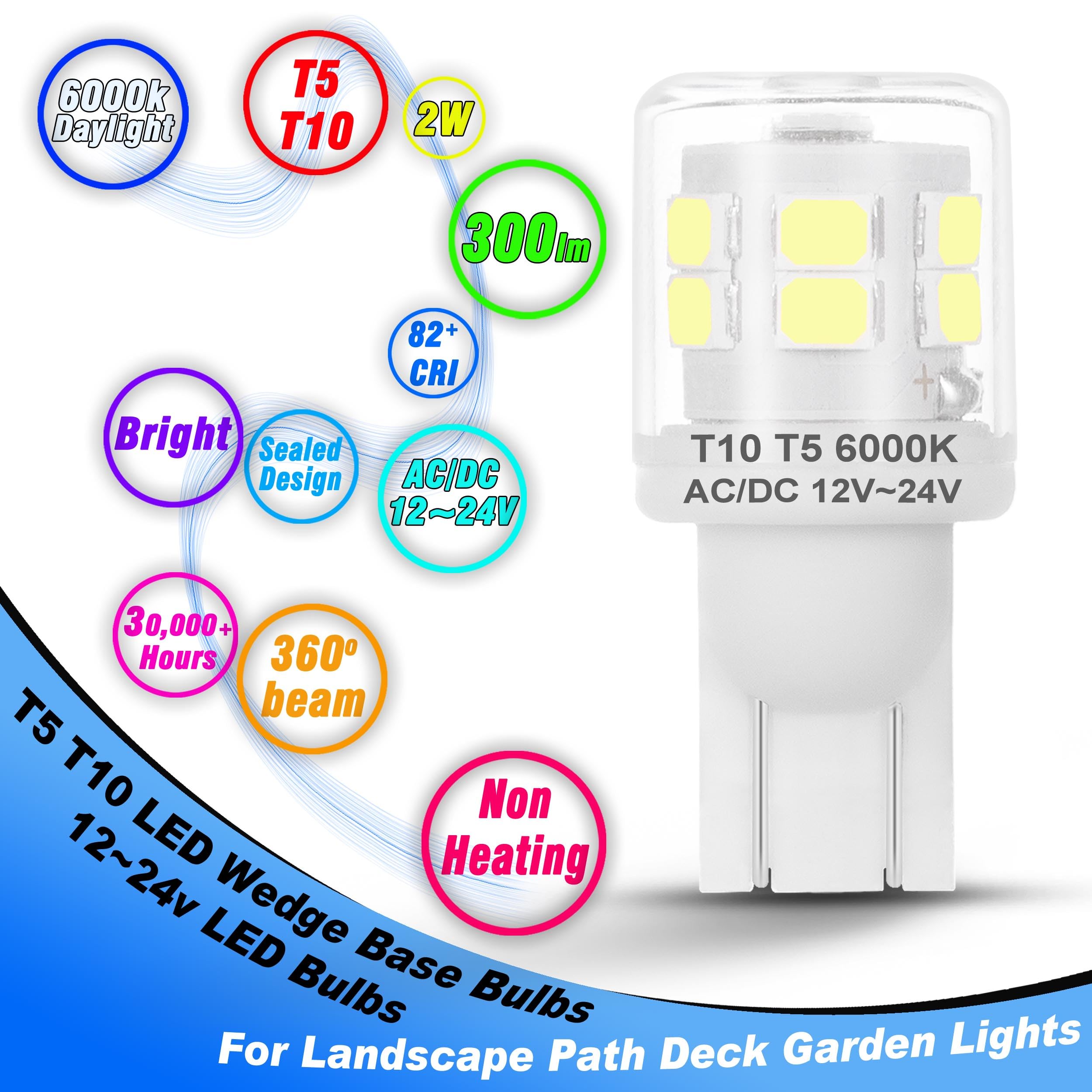 Heifymi T5 T10 LED Landscape Lights, 6000K Daylight White, Low Voltage, 2W Equivalent, 6 Pack, Plastic, Model MFFT10L6