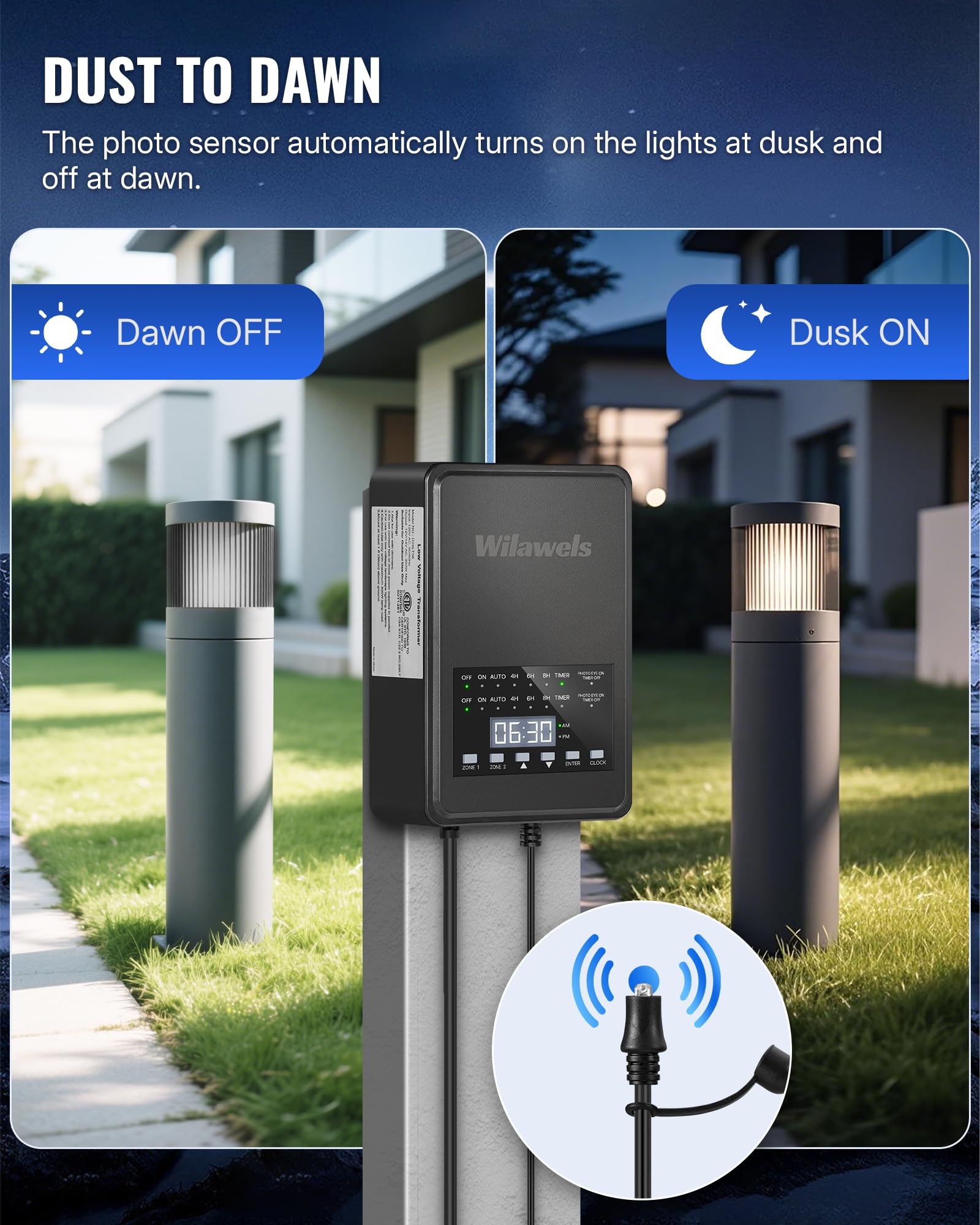 WILAWELS 300W Low Voltage Landscape Transformer, 2 Zone Control, 120VAC to 12/14V AC, Timer & Photocell Sensor, Black, Model D26LT