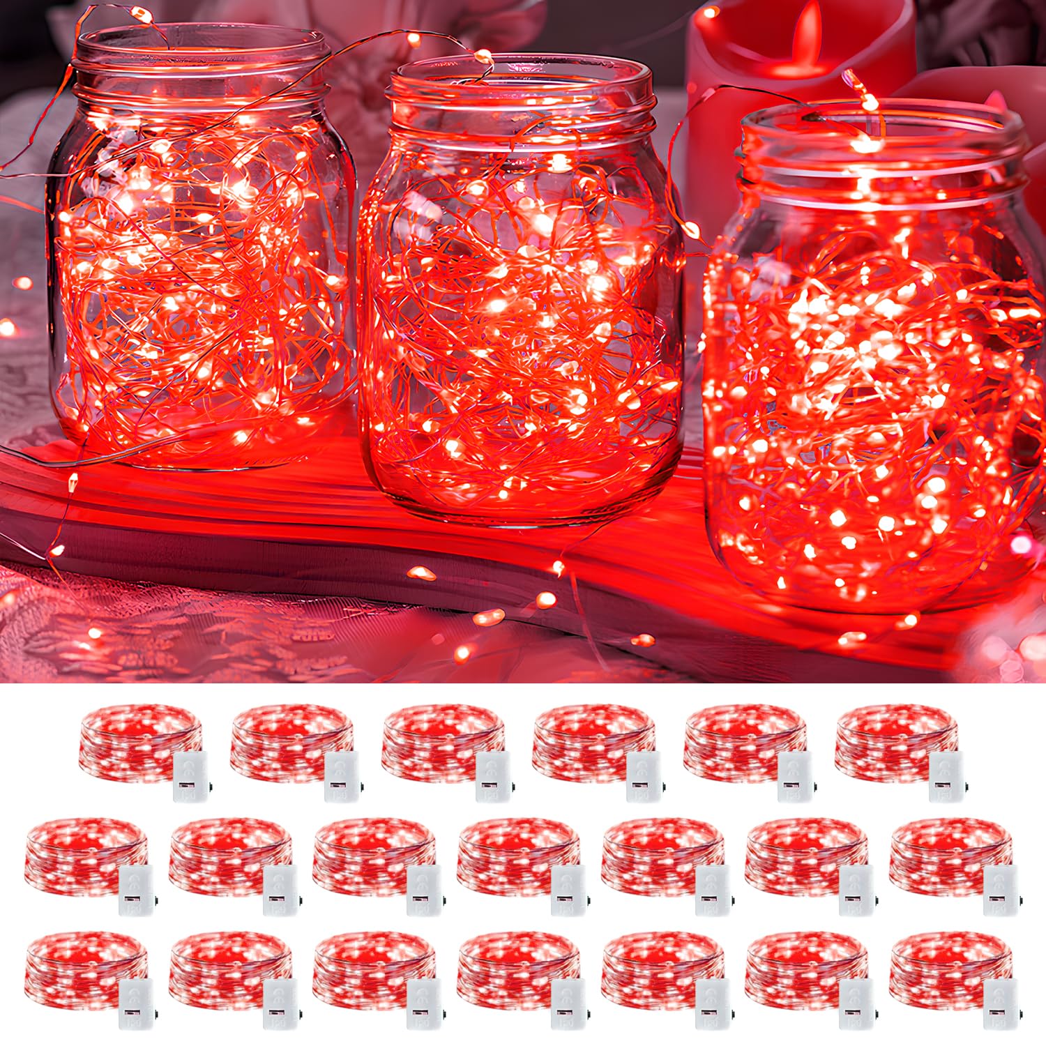 20 Pack LED Fairy Lights Battery Operated 3 Features Blinking Slowly Blinking & just on 7FT 20 LED Waterproof Mini Twinkle String Lights for Wedding Party Christmas Decorations red