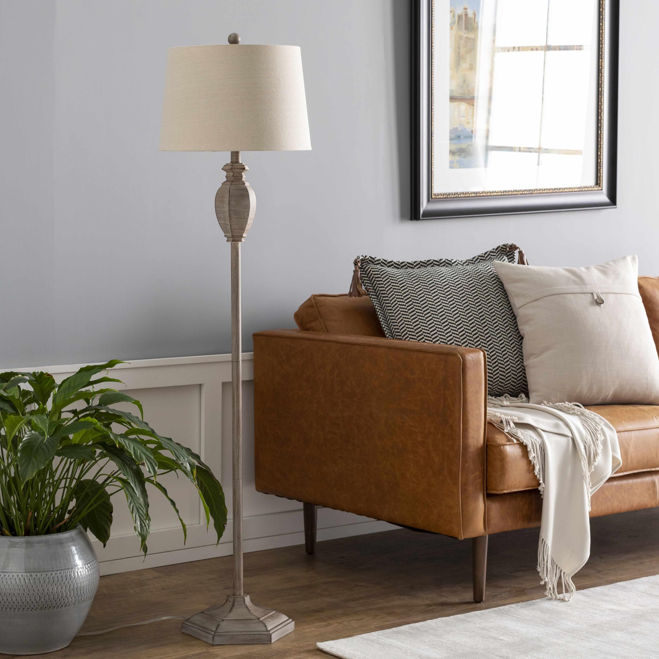 Boutiquerugs Esmeralda Floor Lamp For Living Room - Boho Resin Standing Lighting - Shade Linen - Cream, White, Beige - 59'' H