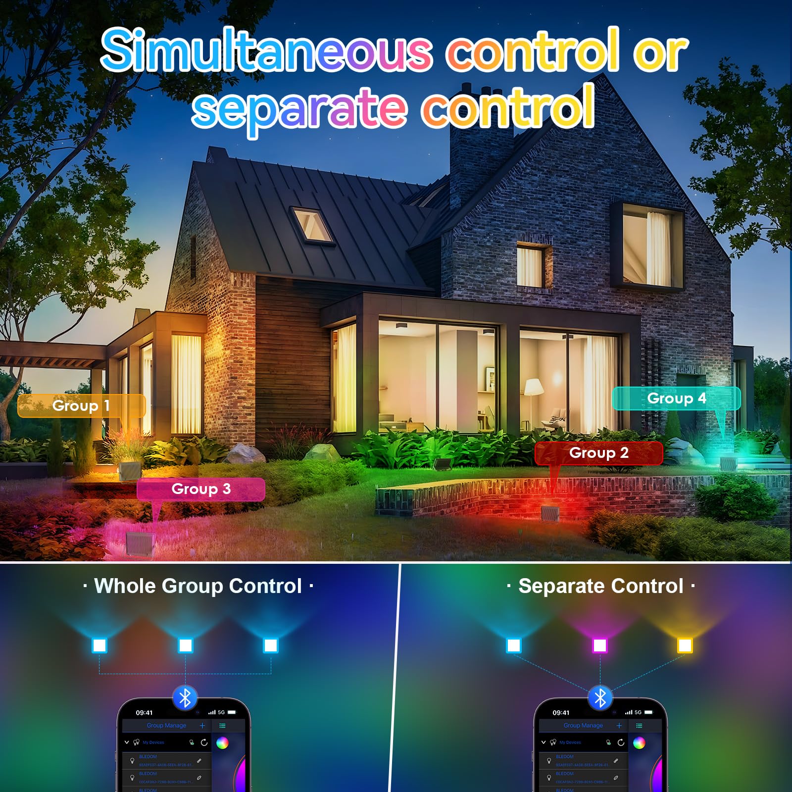 MEEKBOS RGB LED Flood Lights 30W, Bluetooth/App Control, IP66 Waterproof, 3000LM, 16 Million Colors, 2-Pack, Gray