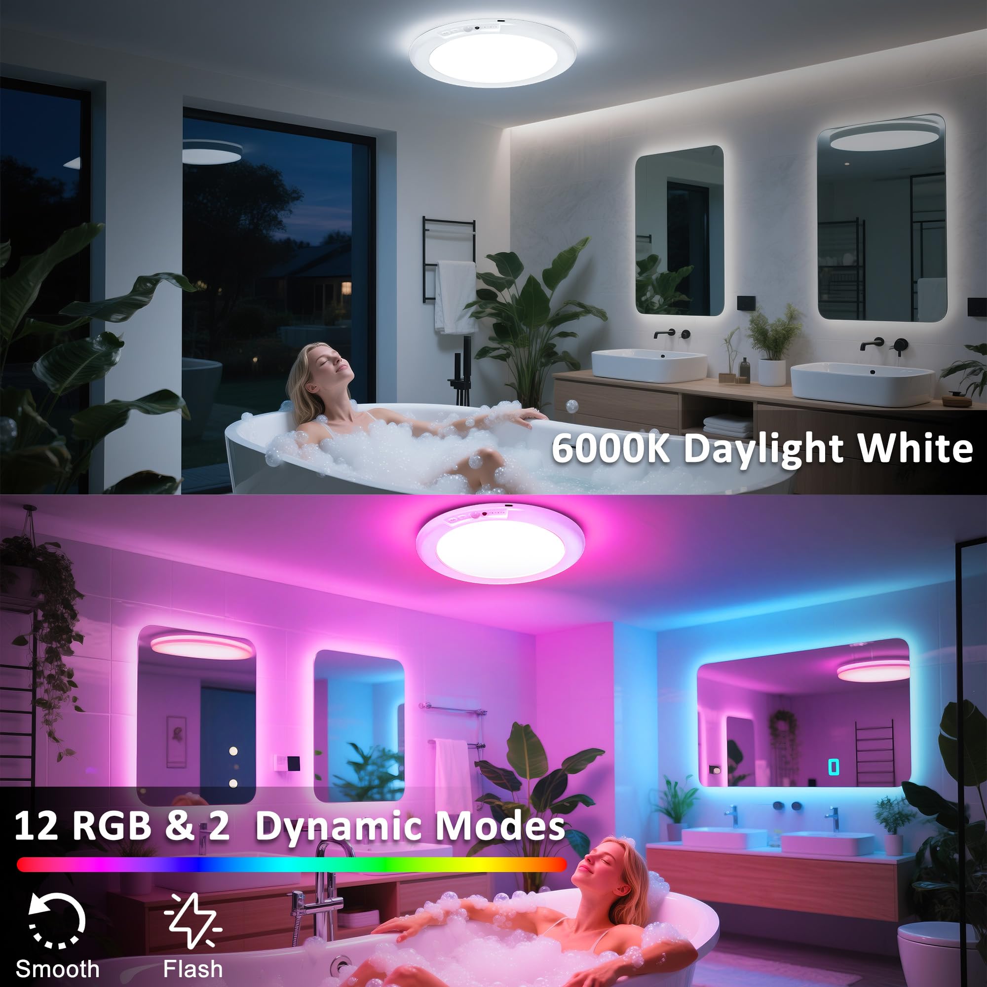 Maylit Shower Lights 4 Pack  Rgbw Rechargeable Ceiling Light  Waterproof Battery Operated Lamp  Wireless Stick On Inside Motion Sensor Mood Led Lighting For Bathroom No Wiring  Indoor