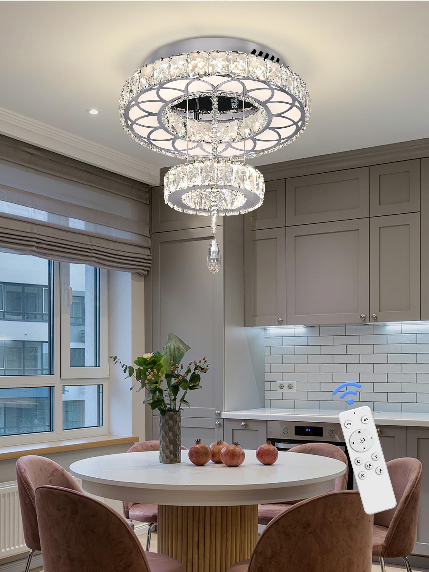 Flashing God 16" Crystal Chandelier, Silver LED Flush Mount Light, Dimmable 2700K/4500K/6000K for Living Room & Bedrooms, Model MMQ026