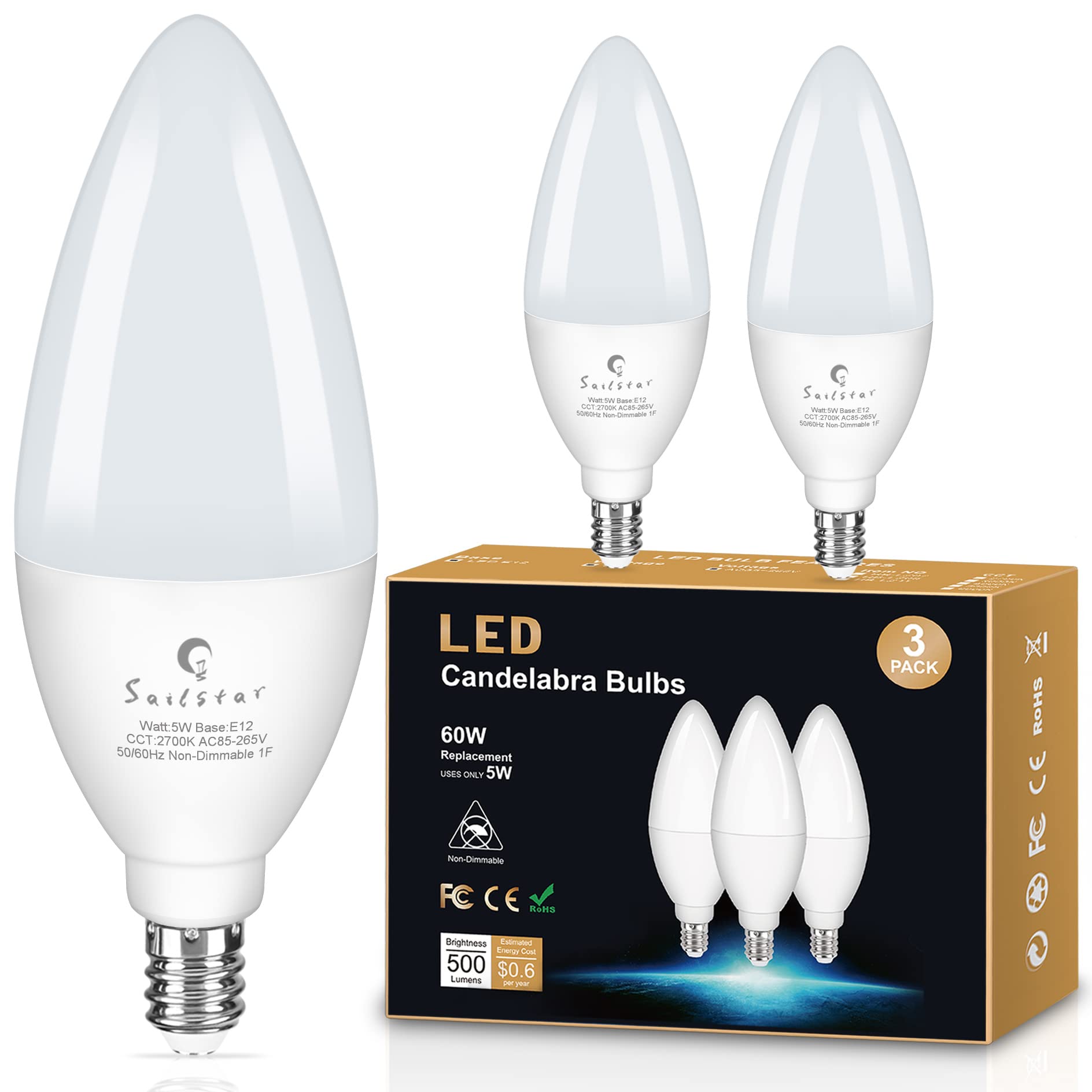 Sailstar E12 Led Bulb 60W Equivalent, 500 Lumens, Ceiling Fan Light Bulbs Soft White 2700K, Type B Light Bulb 5W, Cri 85, B11 Sm