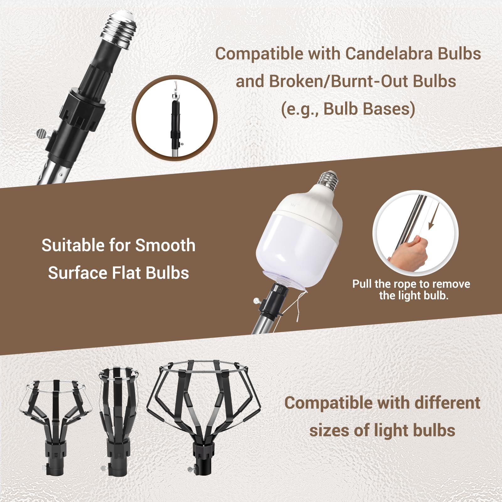 GADFISH 12FT Light Bulb Changer - 5-Piece Tool Set with Broken Bulb Extractor, Stainless Steel Color, Model DPGHQ002