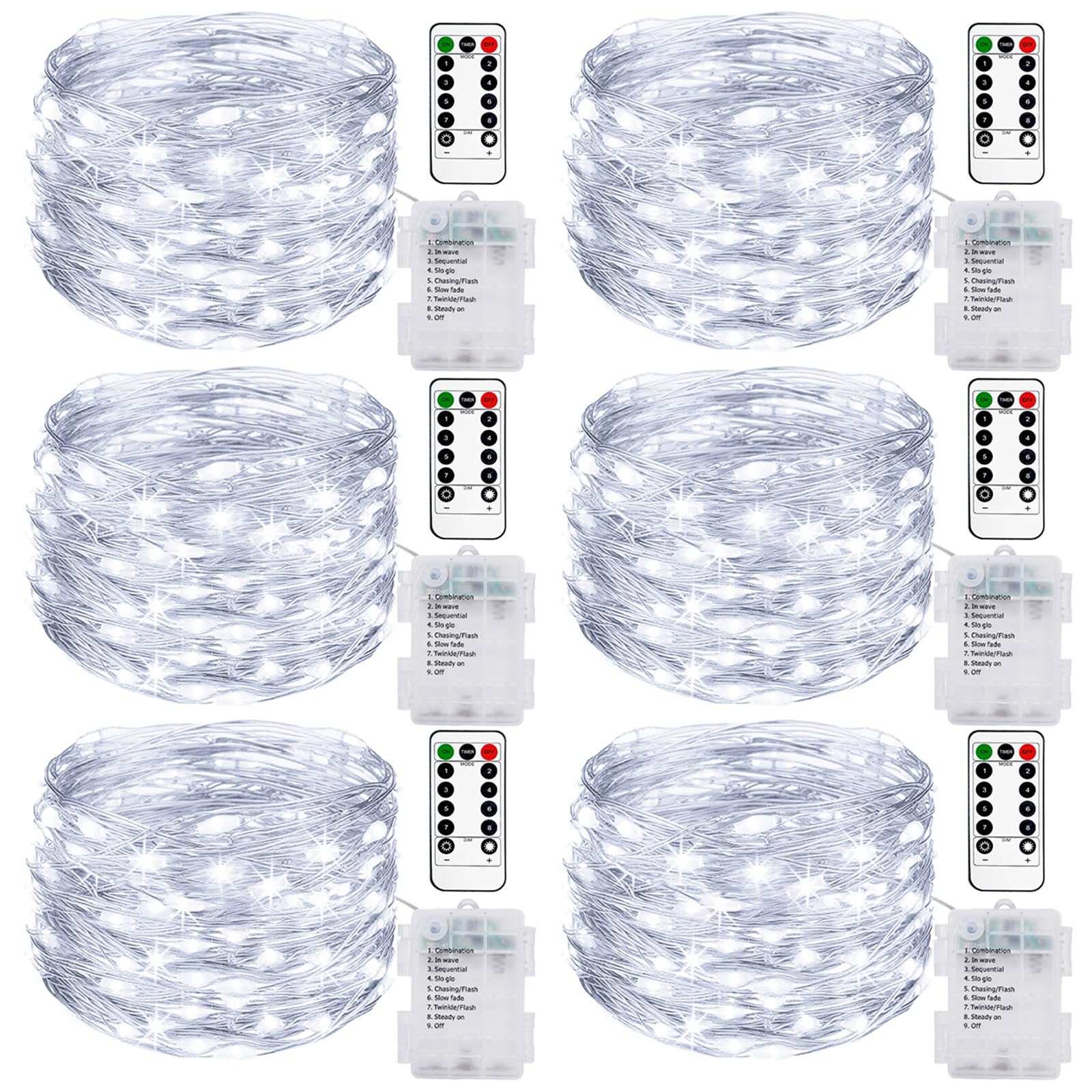 6 Pack 33Ft 100Led Fairy String Lights Battery Operated With Remote And Timer,Ip65 Waterproof Dimmable Copper Wire 8 Modes Led Twinkle Lighting Indoor Outdoor For Bedroom Christmas Decor-Cool White
