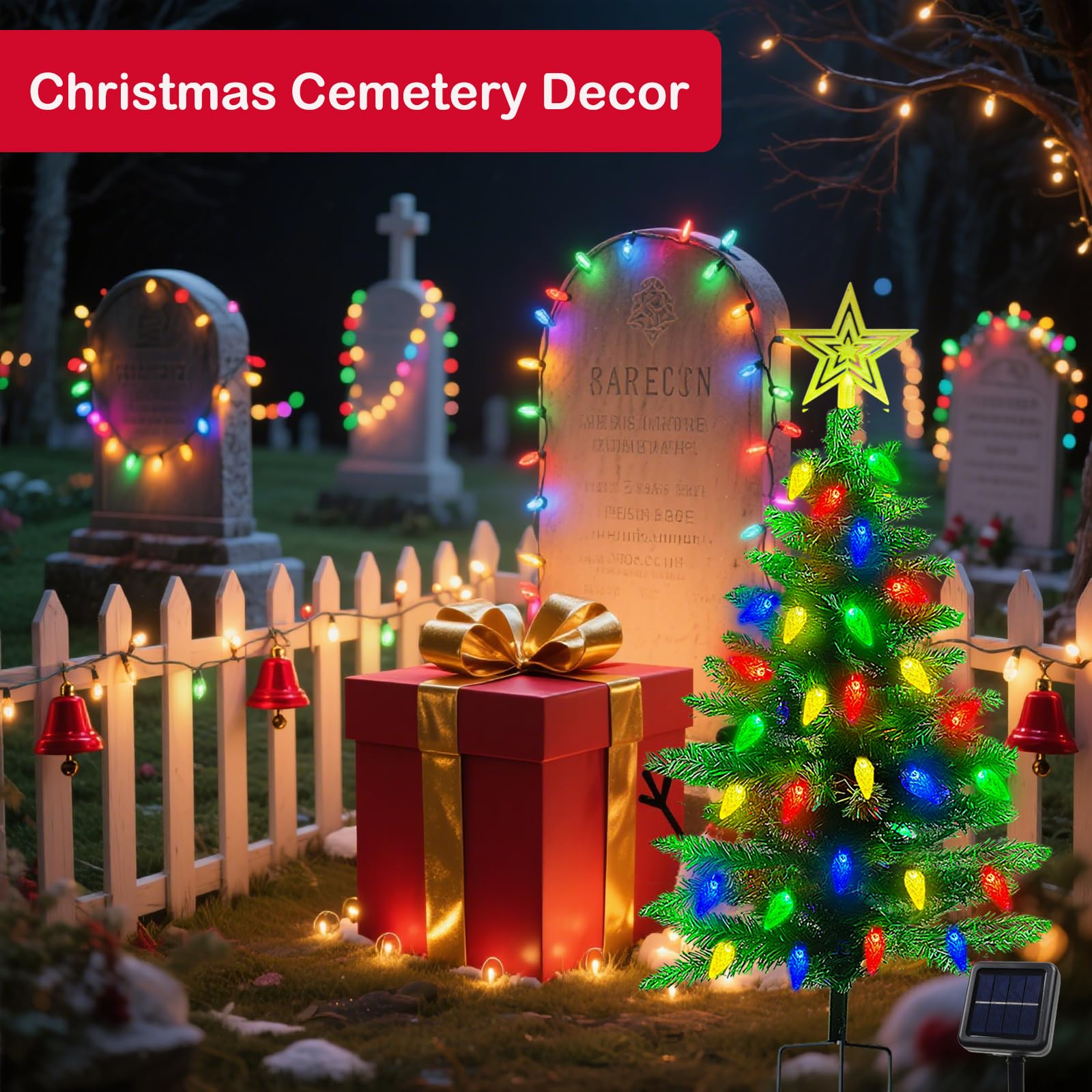 4Ft Solar Christmas Tree Christmas Decorations Outdoor  250 Branch Small Xmas Tree With 100 Led C6 Lights  Waterproof Solar Christmas Lights For Porch  Pathway  Yard  Cemetery  1 Pack