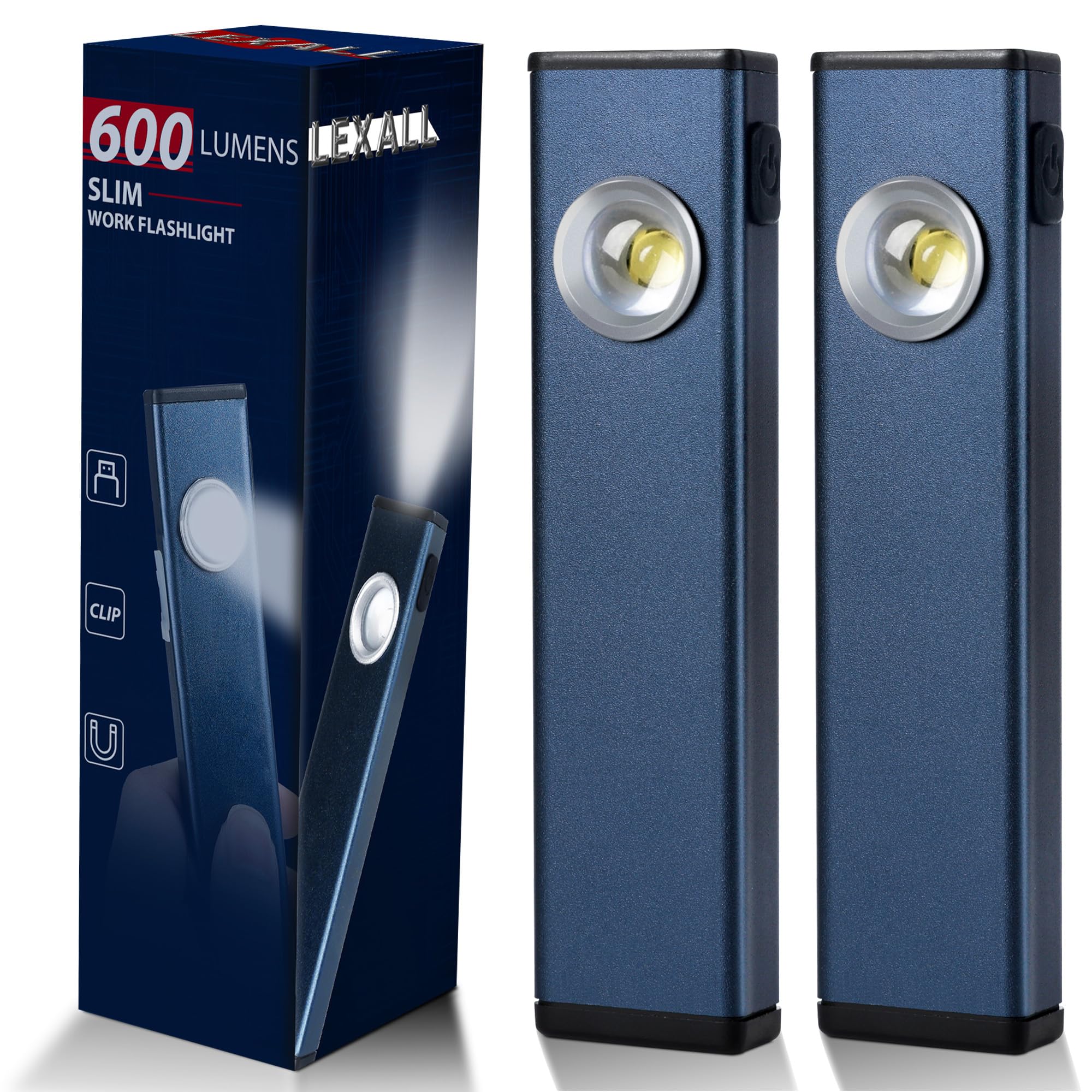 lexall Rechargeable Work Light, 600 Lumens LED Flashlight, Magnetic COB Task Light, Navy Blue, Portable with Pocket Clip, 3 Modes