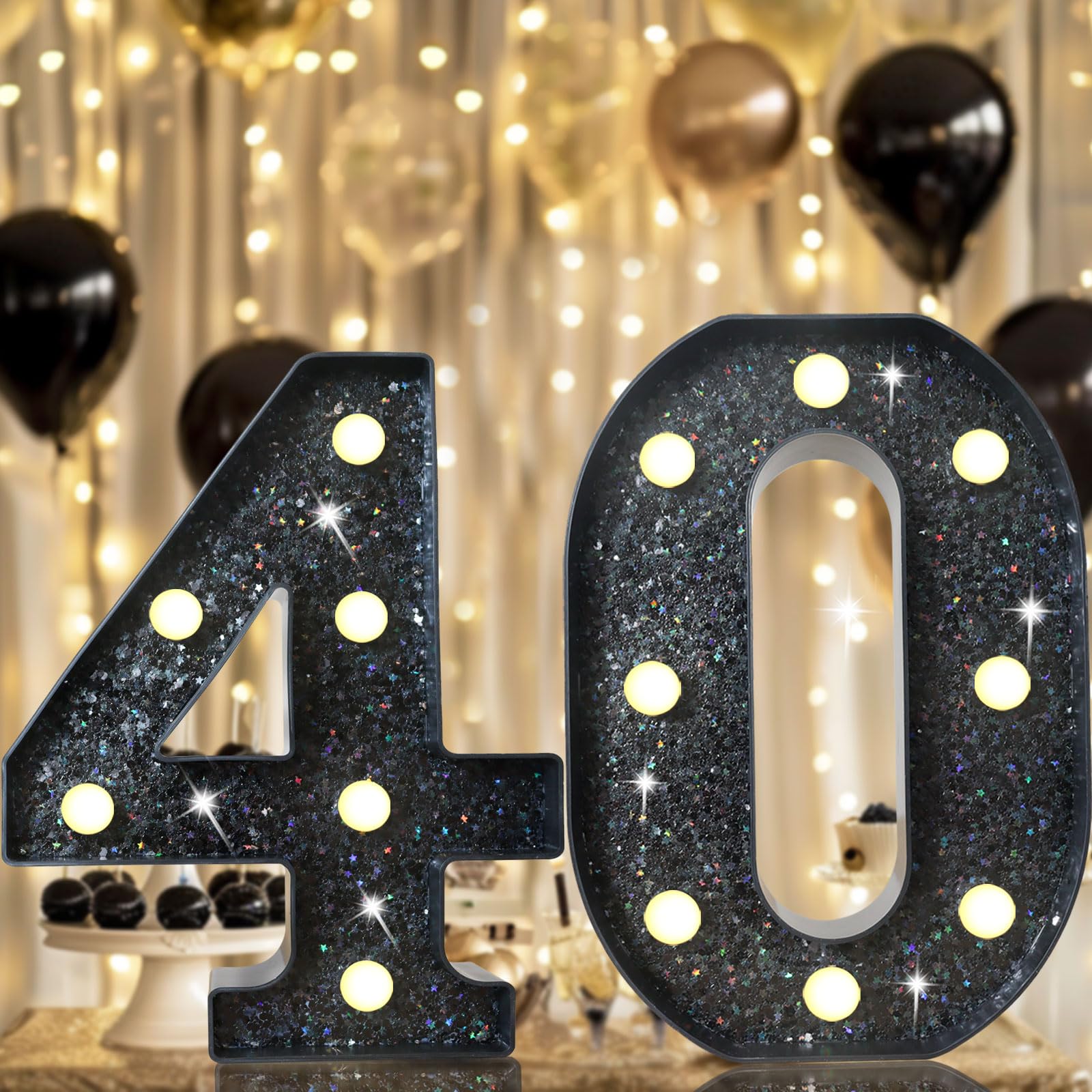 8.8 Decorative Led Light Up Numbers  Glitter Marquee Numbers Lights For 40Th Birthday Decorations  Shiny Lighted Number Sign For Birthday Party Wedding Anniversary Home Decor  Glitter Black 40
