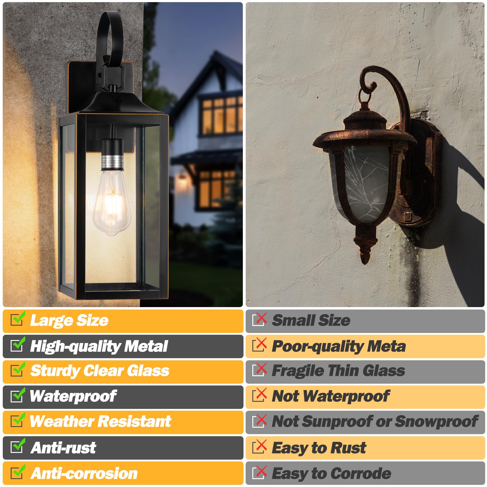 Yolsunes 19" Outdoor Wall Lights 2 Pack, Black Metal with Gold Trim, Waterproof Sconces for Porch, Garage, Model B06094P-2PK-GDBK
