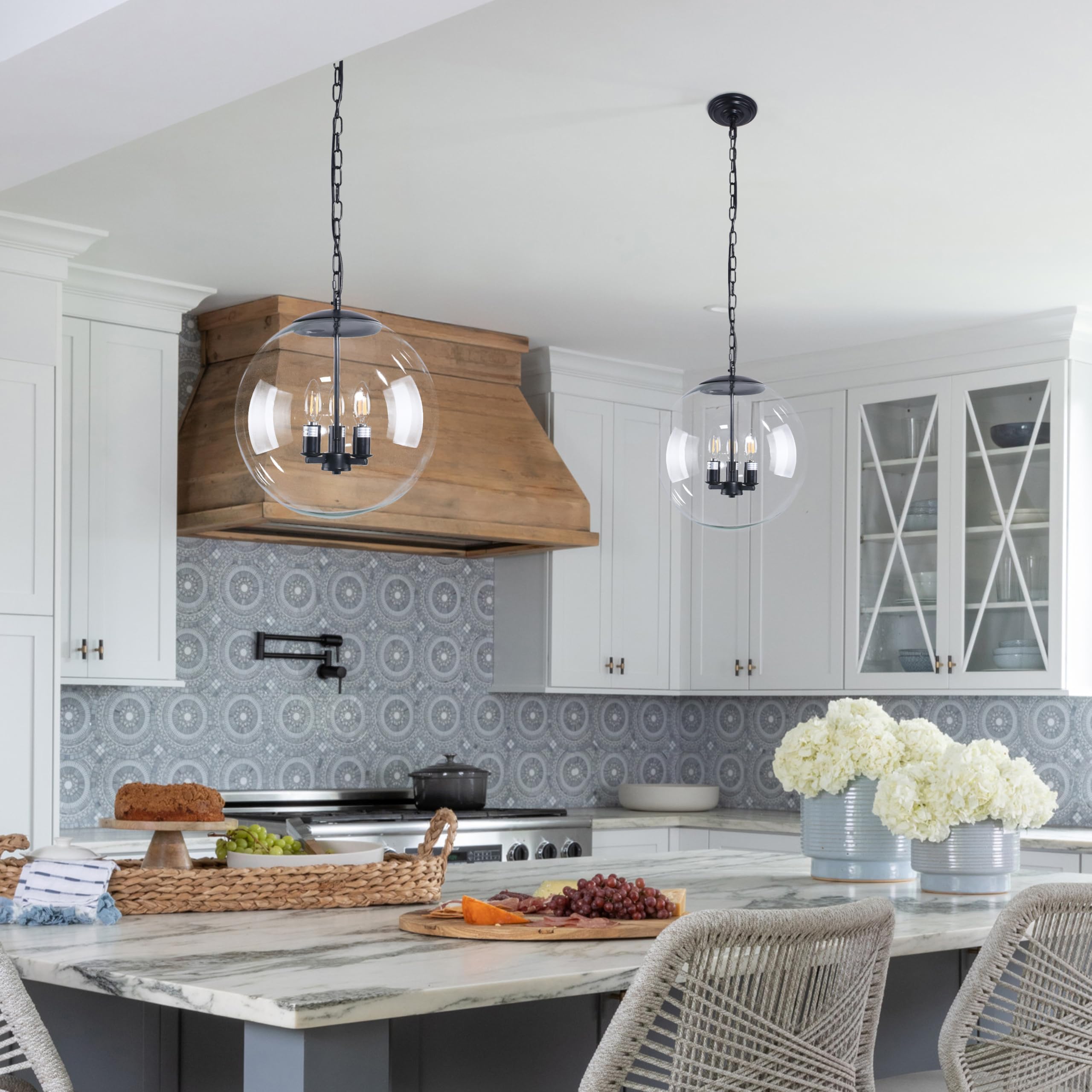 Koko&Yukina 13.7&quot; Black Globe Pendant Light, Clear Glass, Adjustable For Dining Room & Kitchen