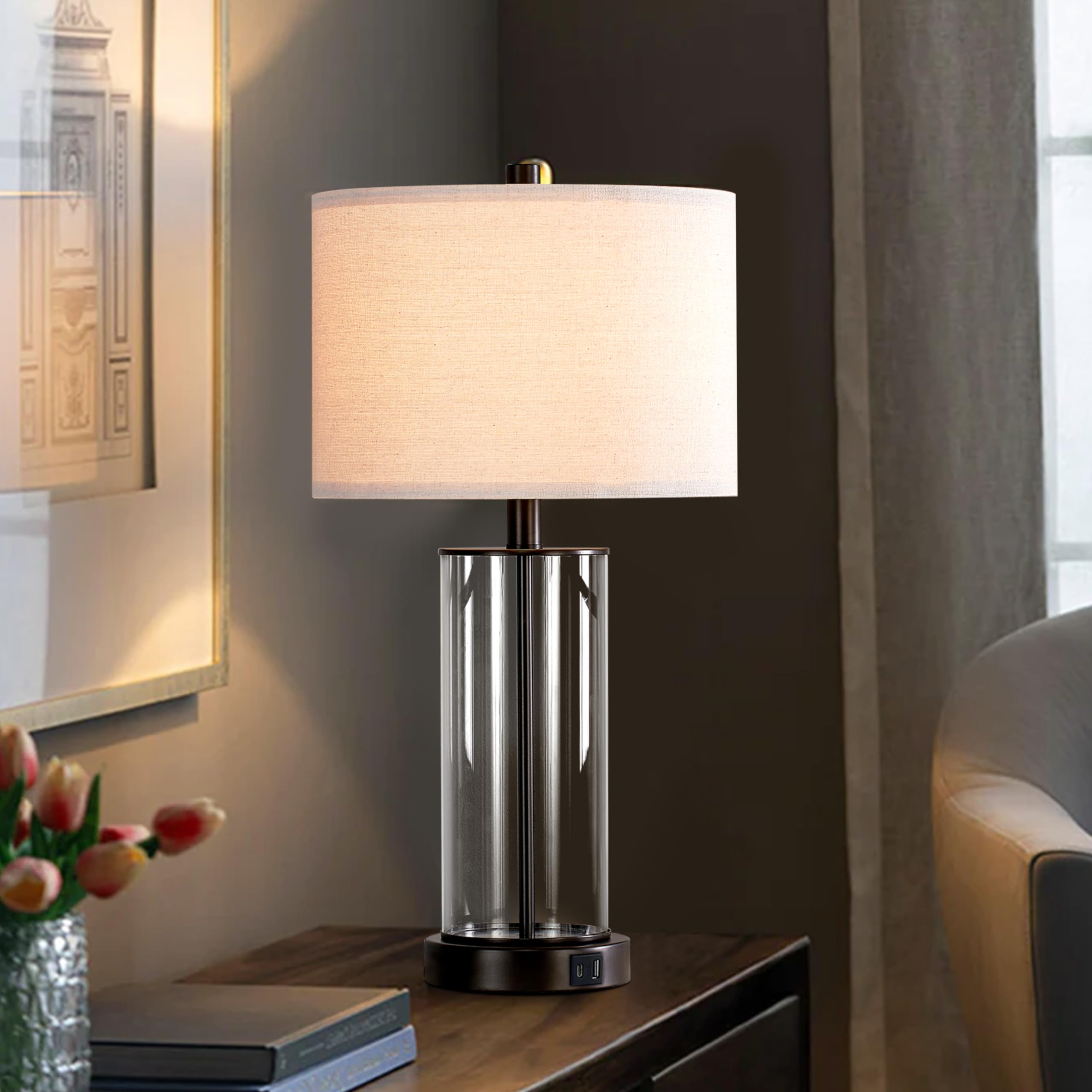 Kyrid Glass Table Lamp Set of 2, 23.5" with USB Ports & AC Outlets, Painted Bronze Finish, Bulbs Included, Model HK21193