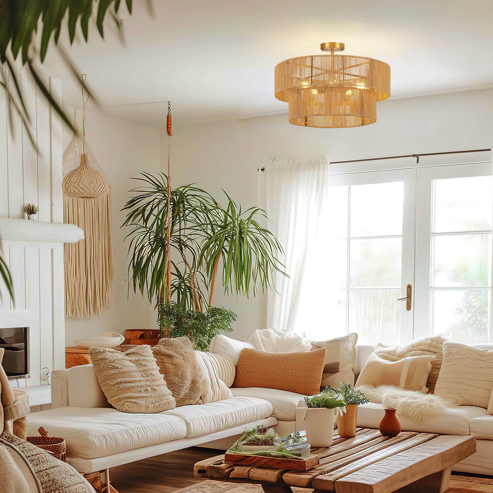 Clarsyne 22  Boho 2-Tier Rattan Ceiling Light Fixture  5-Light Flush Mount Woven Chandelier For Bedroom  Dining Room  Kitchen  Entryway  Living Room  Rustic Gold Lighting