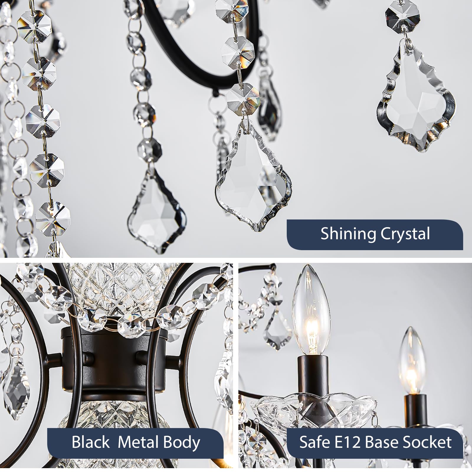 Bestier 6-Light Crystal Candle Candelabra Chandelier, Black Finish, 26" Dia x 26" H, Model 611885202801