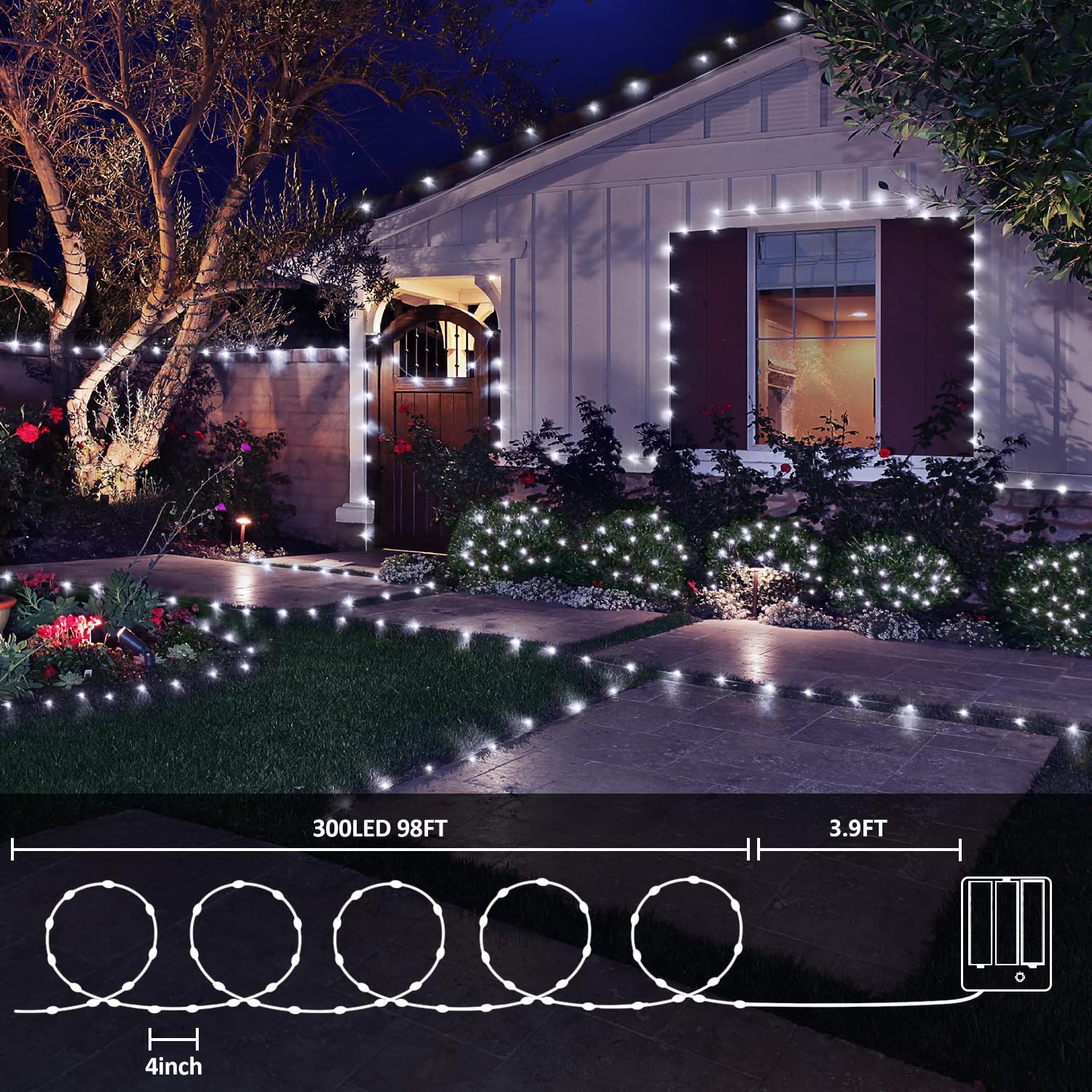 Xurisen 99Ft Cool White Fairy Lights, 300Led Battery Operated With 8 Modes & Timer For Decor