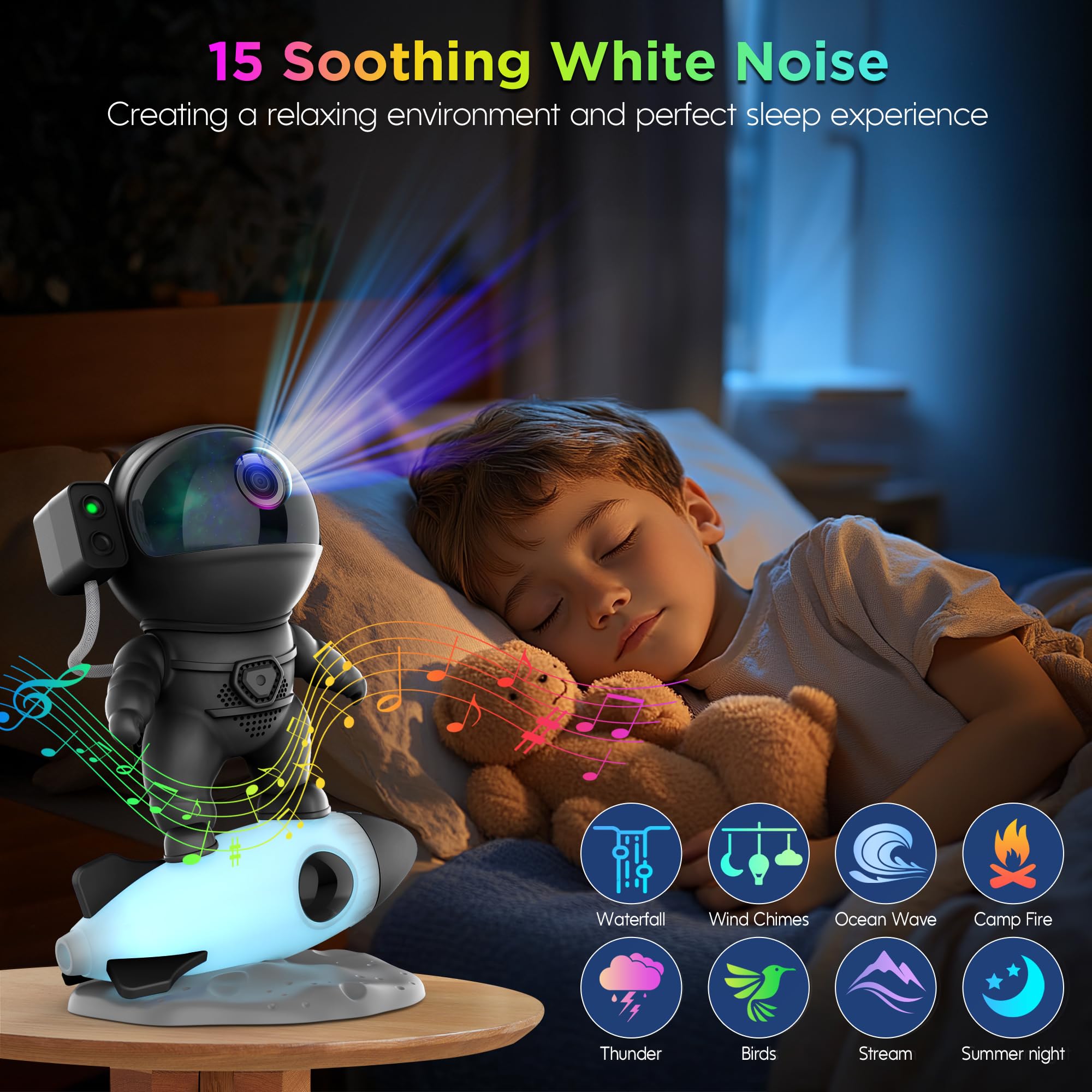 FlyLily Astronaut Galaxy Projector - Star Projector with Bluetooth Speaker, Remote Control, White Noise, Black, Model BL-HJ07