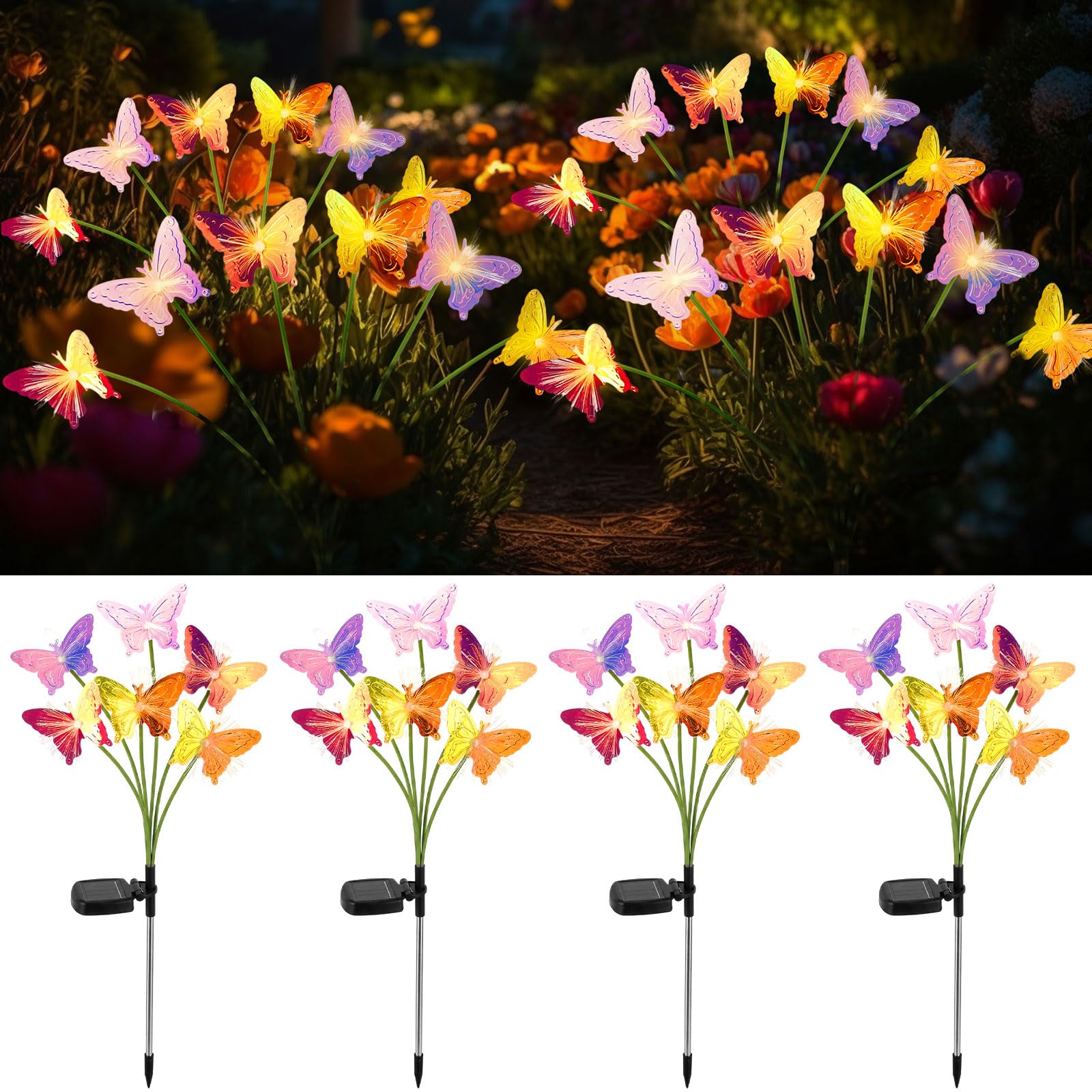 Grinsvalley 4 Pack Solar Hummingbird Lights Outdoor Garden, 6 Head Solar Swaying Pathway Stake Lights Waterproof for Yard Lawn P