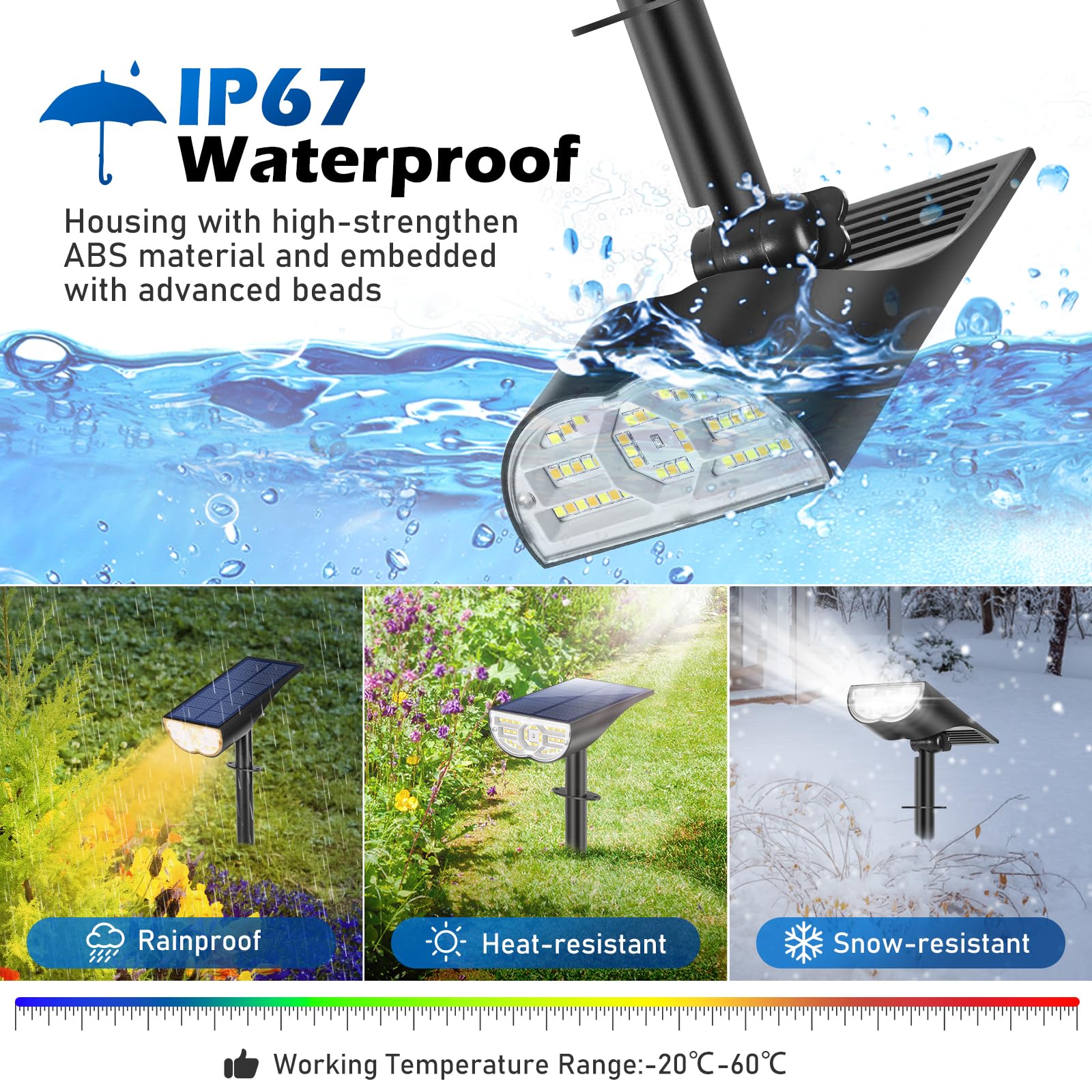 Solar Spot Lights Outdoor 5 Modes, 44Leds Bright Landscape Spotlights Solar Powered 3 Colors Changing, Ip67 Waterproof Auto On-O