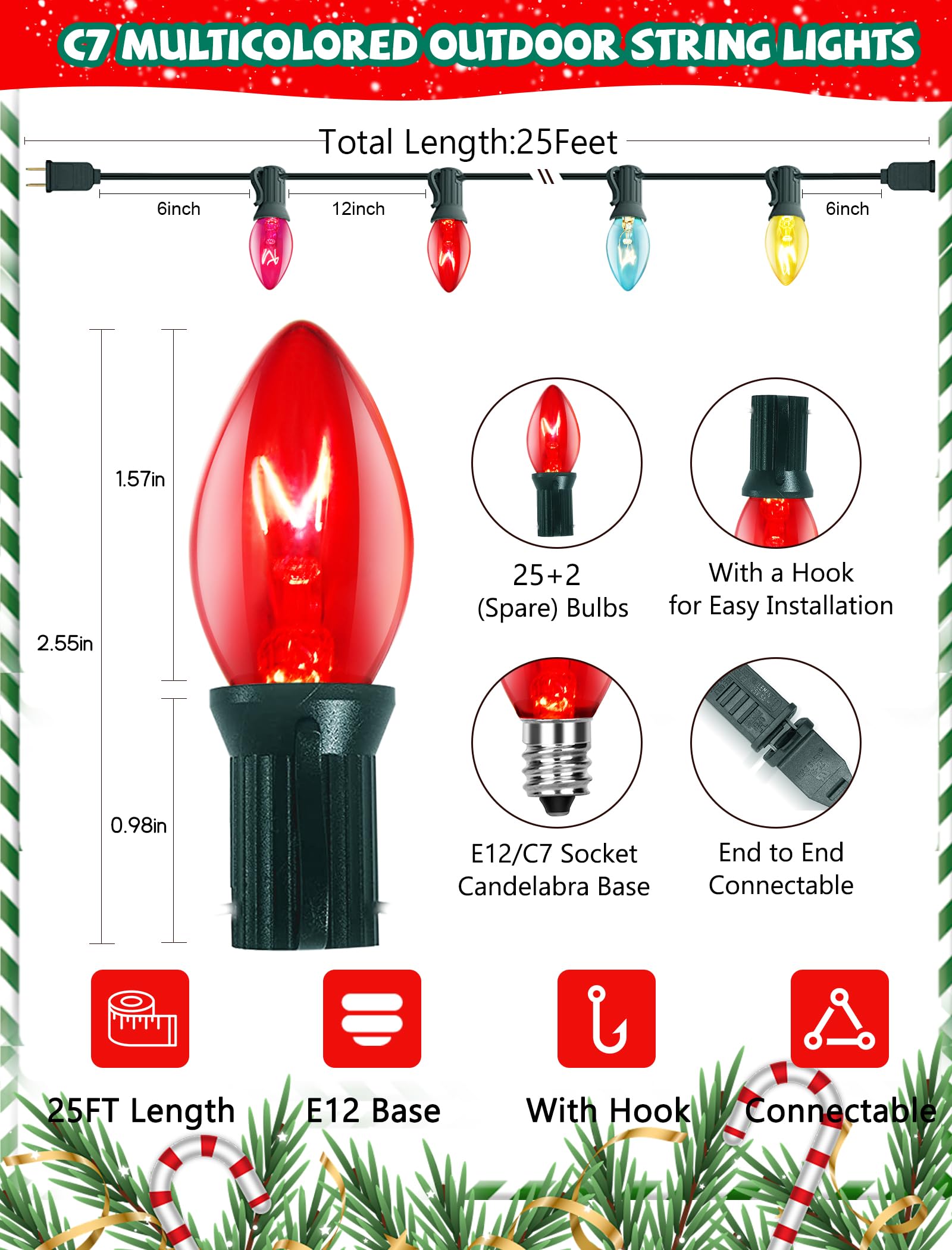 Xingzd 25Ft Multicolor Christmas Lights Outdoor  C7 Vintage String Lights With 25 Colorful Clear Incandescent Bulbs  Hanging Patio Lights For Porch Roofline Christmas Tree Garden Pathway Indoor Decor