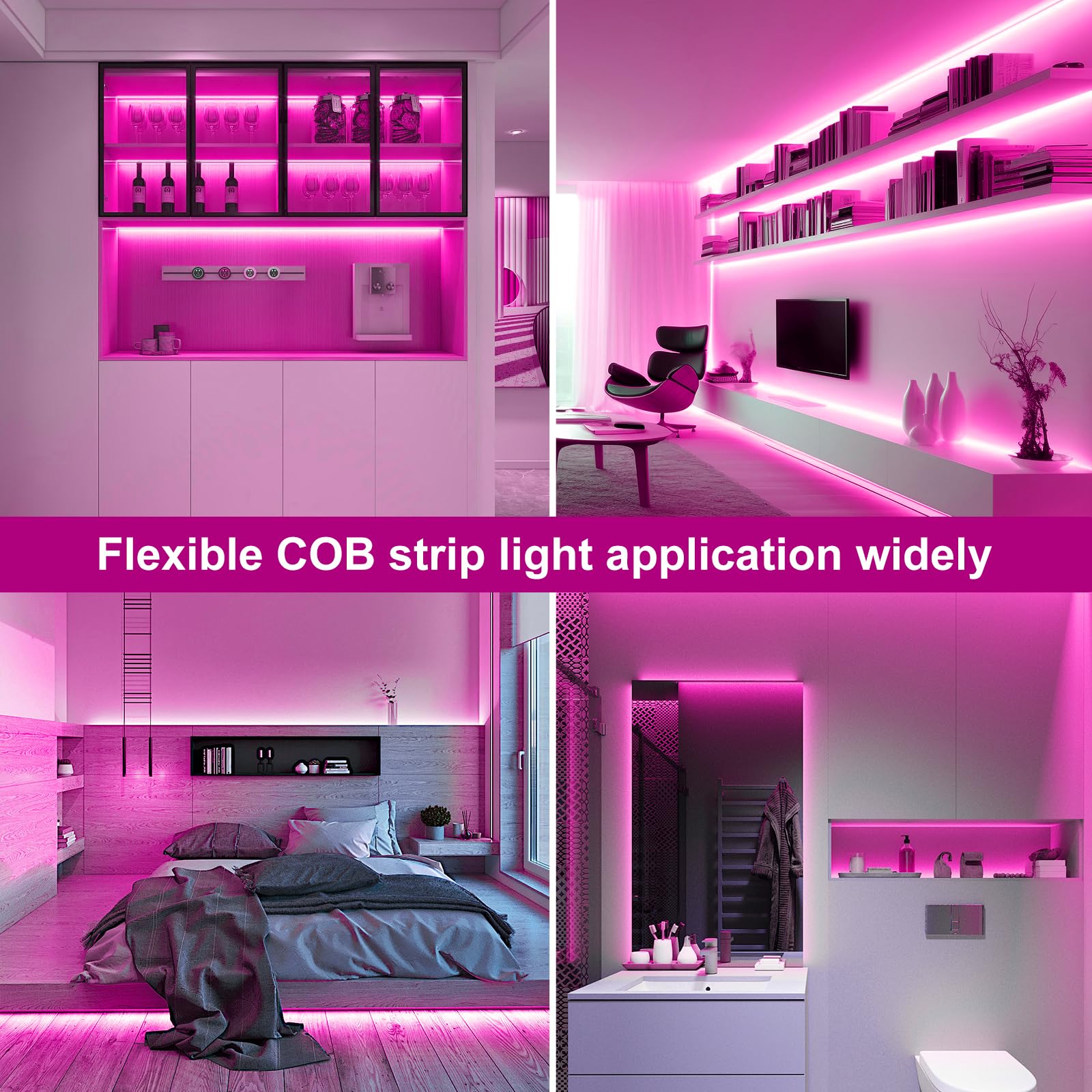 Pink Cob Led Strip Lights Battery Powered With Remote  6.56Ft 640Led Light Strip Dimmable Cuttable Flexible Wireless Led Tape Light For Gifts  Bedroom  Party  Tv Backlight  Home Lighting Decor