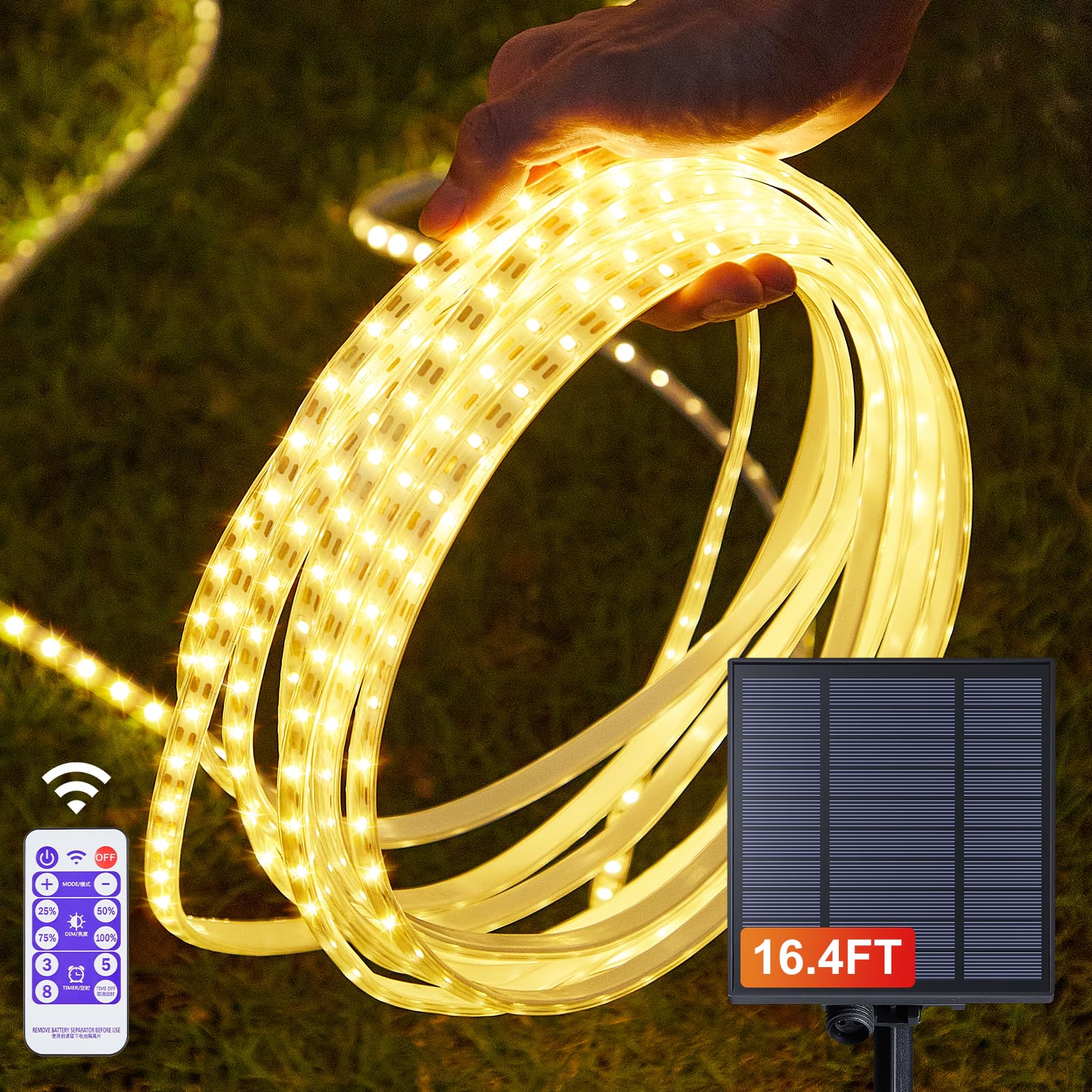 Lifengsoler Solar Strip Lights Outdoor Waterproof, 16.4Ft 300Leds Solar & Usb Powered Led Strips With Remote, 3000K Warm White L