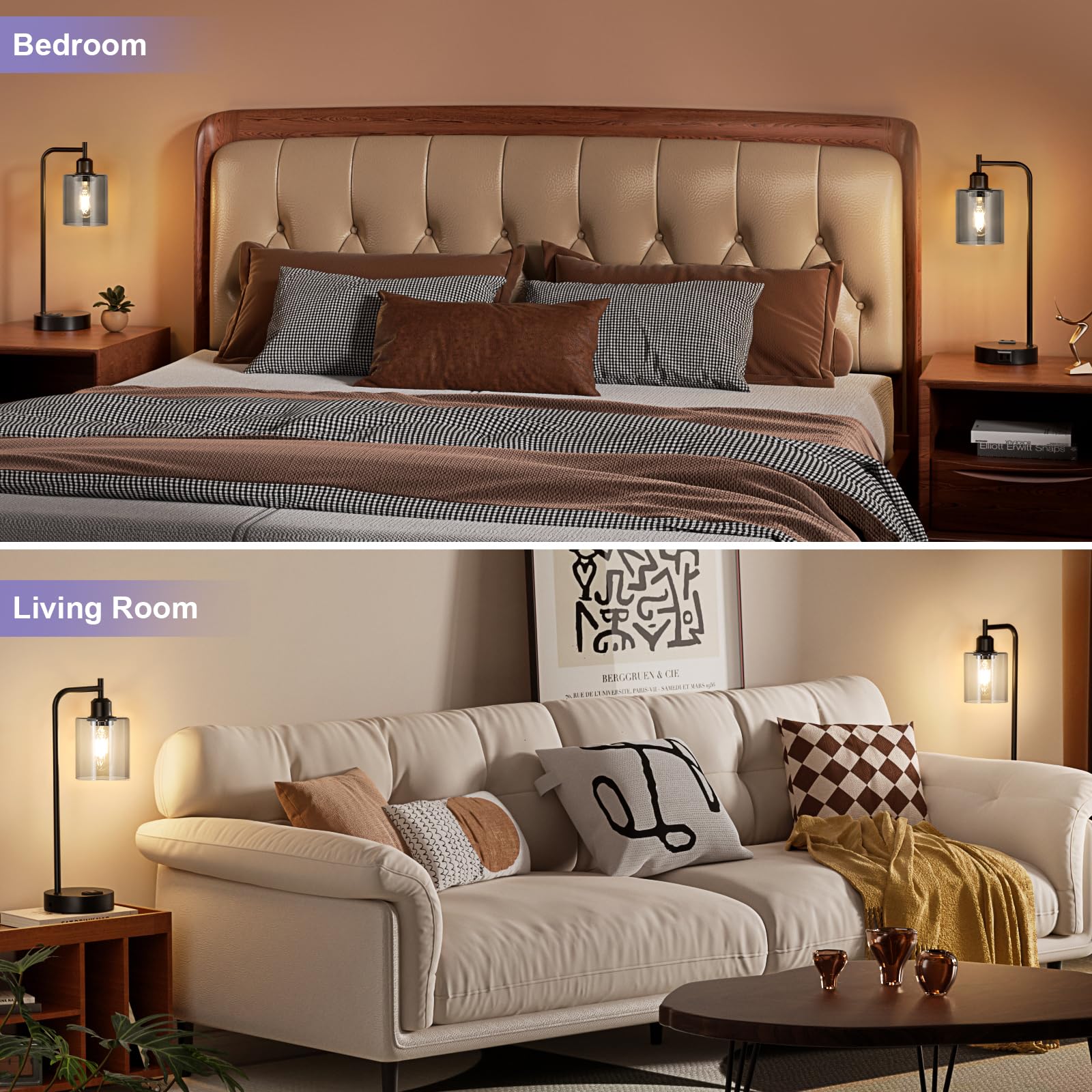 Innqoo 3-Way Dimmable Table Lamps Set of 2 with USB Ports, Gray Glass Shade for Bedroom and Home Office