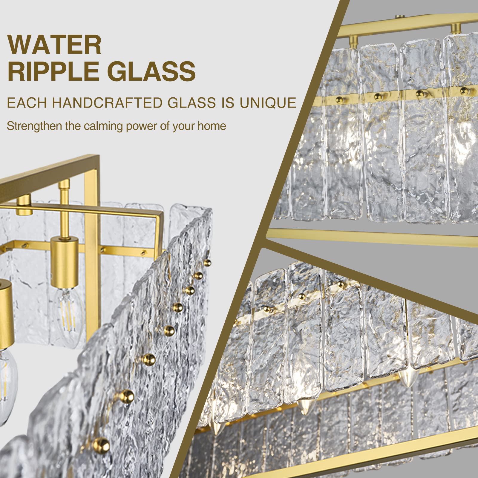 Ikk Modern Rectangle Gold Crystal Chandeliers For Dining Room, 42'' Large Rectangular Water Ripple Glass Island Light Fixture, E