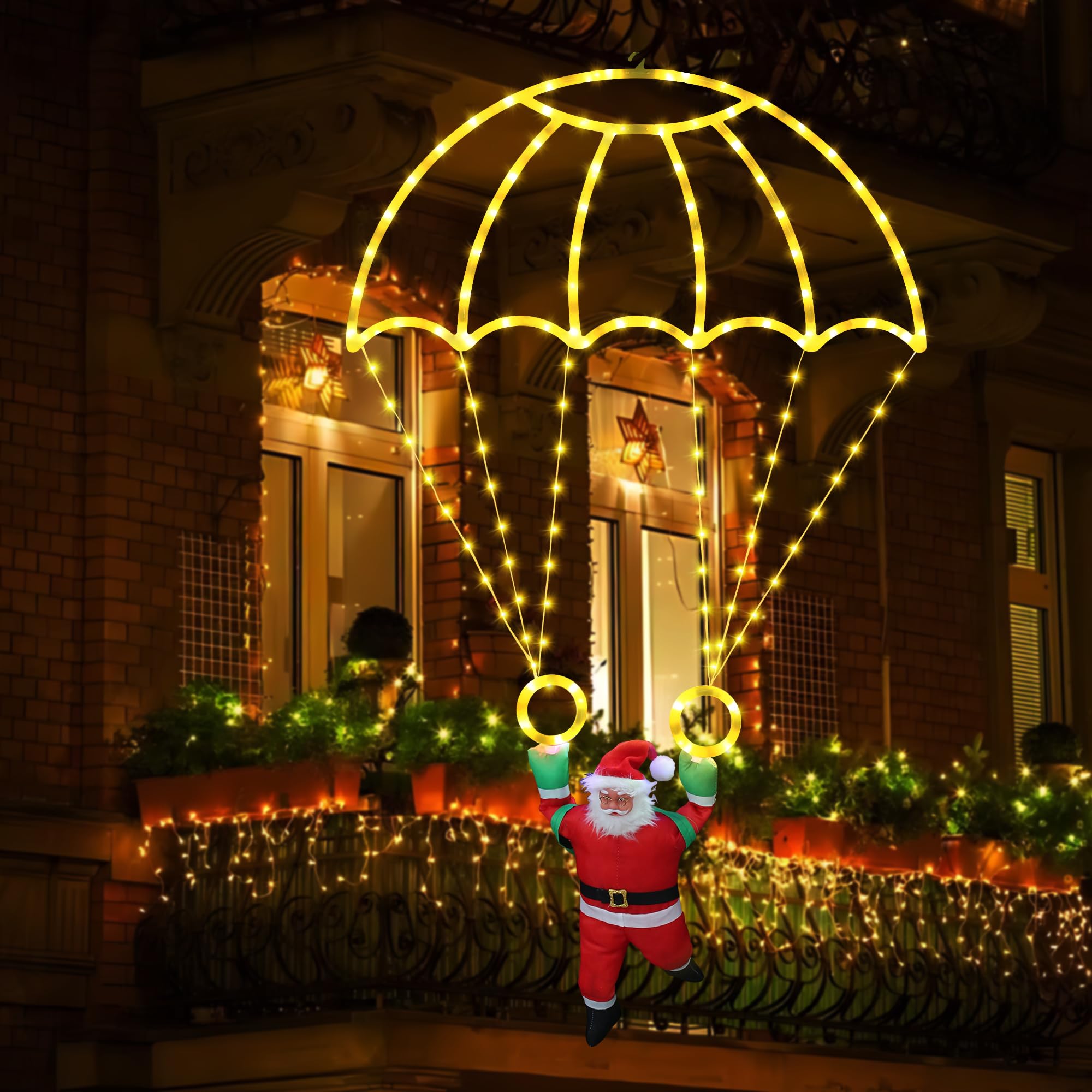 Toodour Christmas Decorations Outdoor, 2.8FT Christmas Parachute Lights with Santa Claus, Waterproof 8 Modes Hanging Warm White 