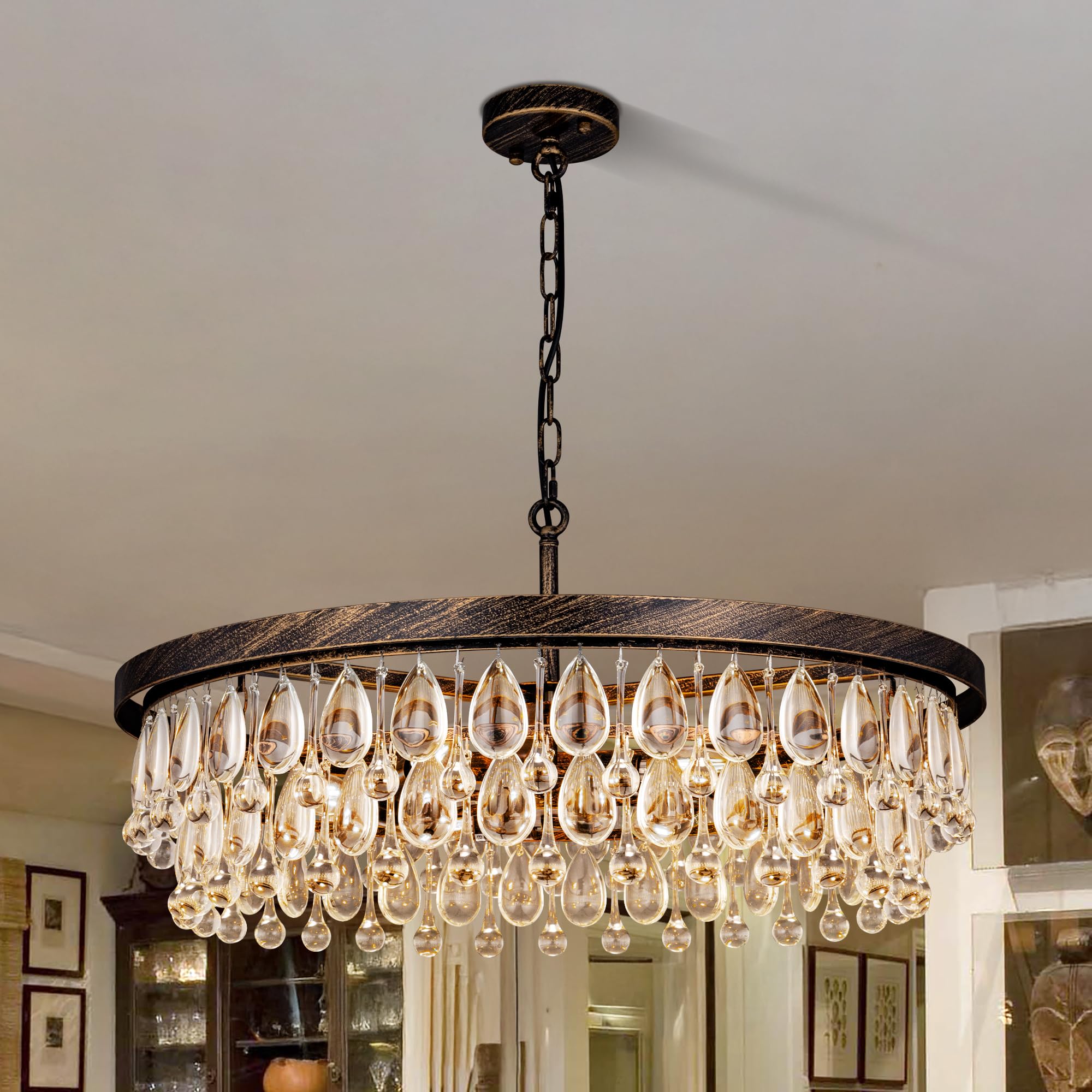 Wellmet Bronze Crystal Chandeliers for Dining Room 6 Lights Modern Bronze Crystal Pendant Light Farmhouse Chandelier for Bedroom Ceiling Lighting Fixture for Kitchen Island Living Room Hallway