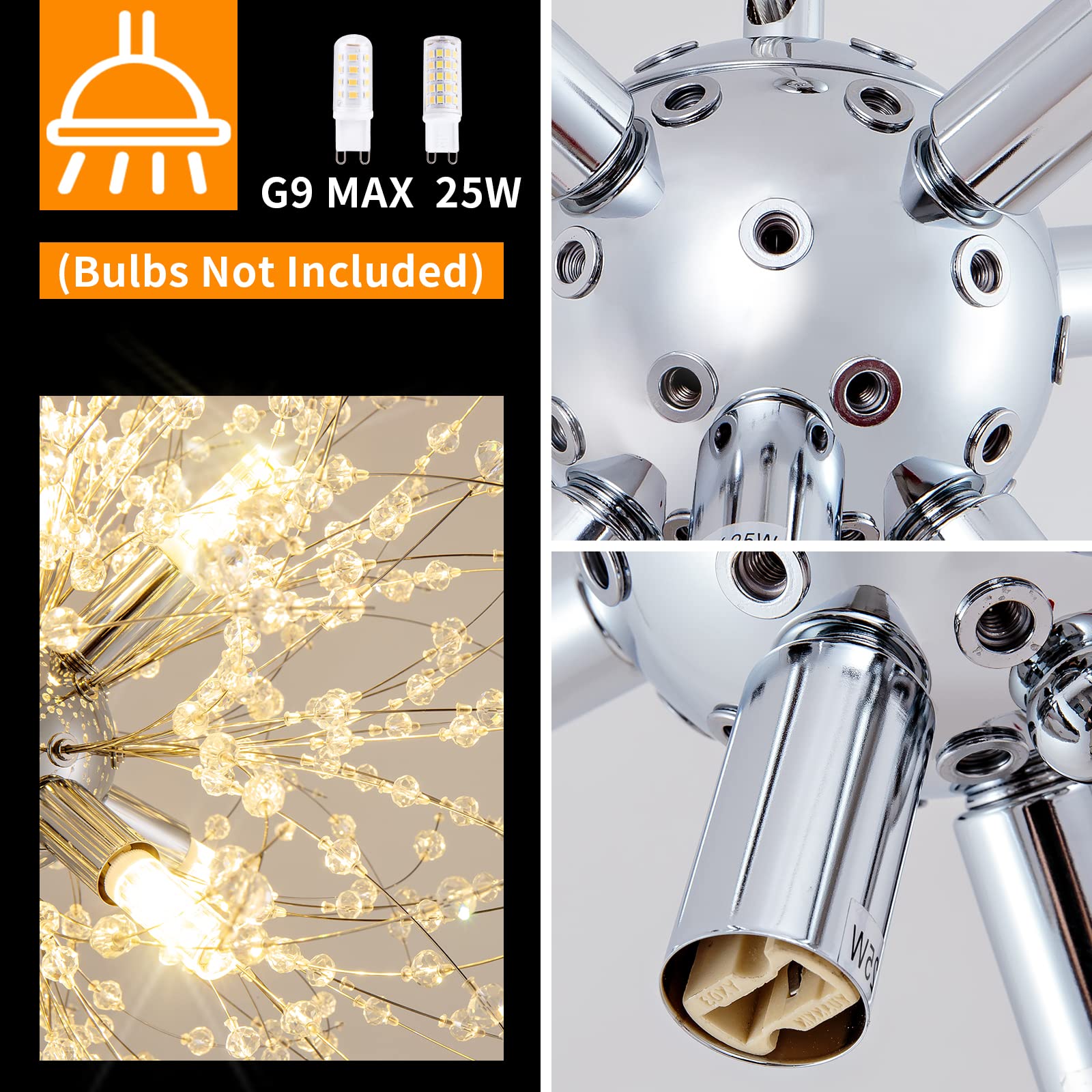 Modern Crystal Chandeliers Firework, 8-Light Chrome Dandelion Sputnik Ceiling Light Fixtures, Sputnik Chandelier For Bedroom Living Room Dining Room Kitchen Island Hallway