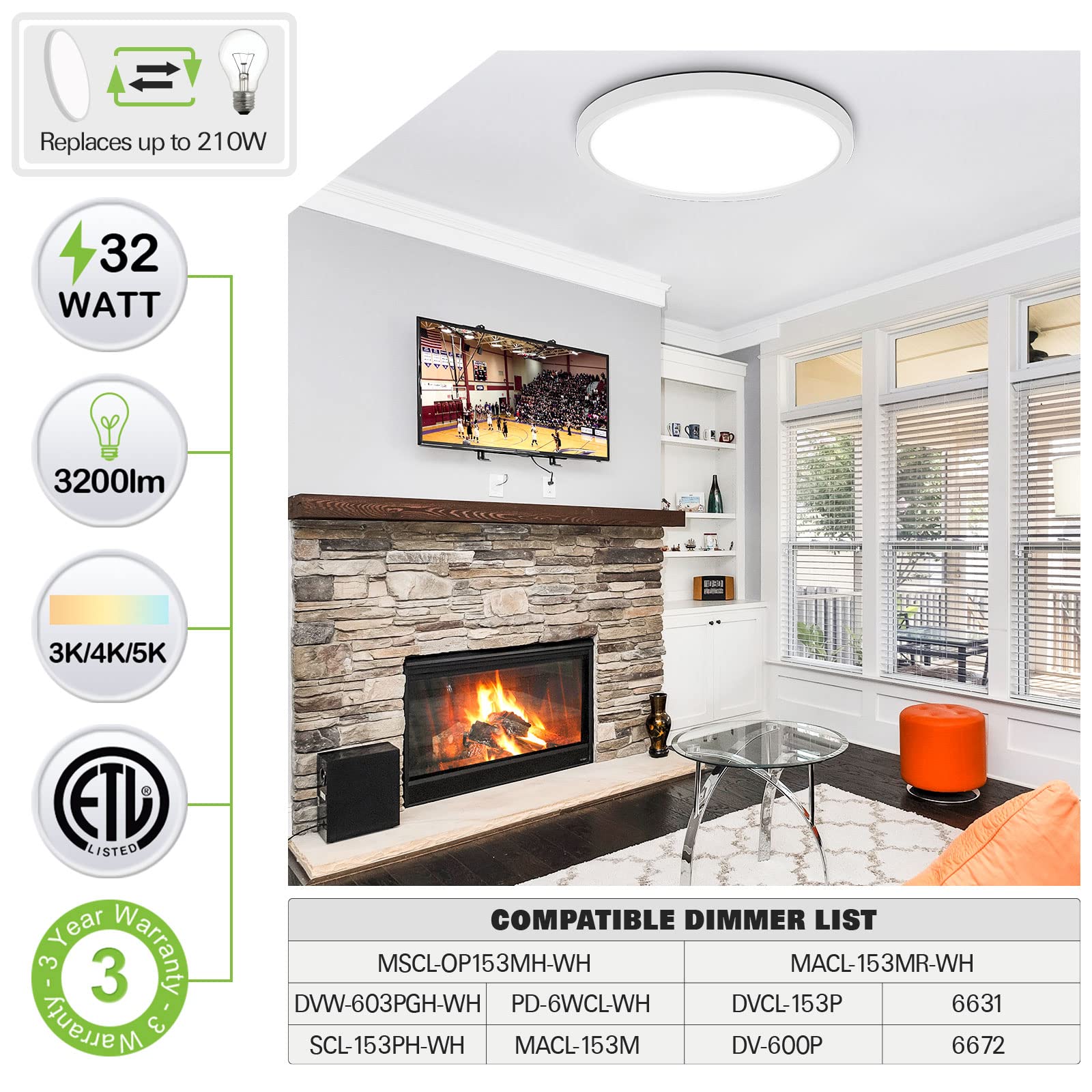 Hykolity LED Round Flat Panel Light 18 Inch 32W 3200lm Dimmable 3000K/4000K/5000K CCT Selectable White Edge-L