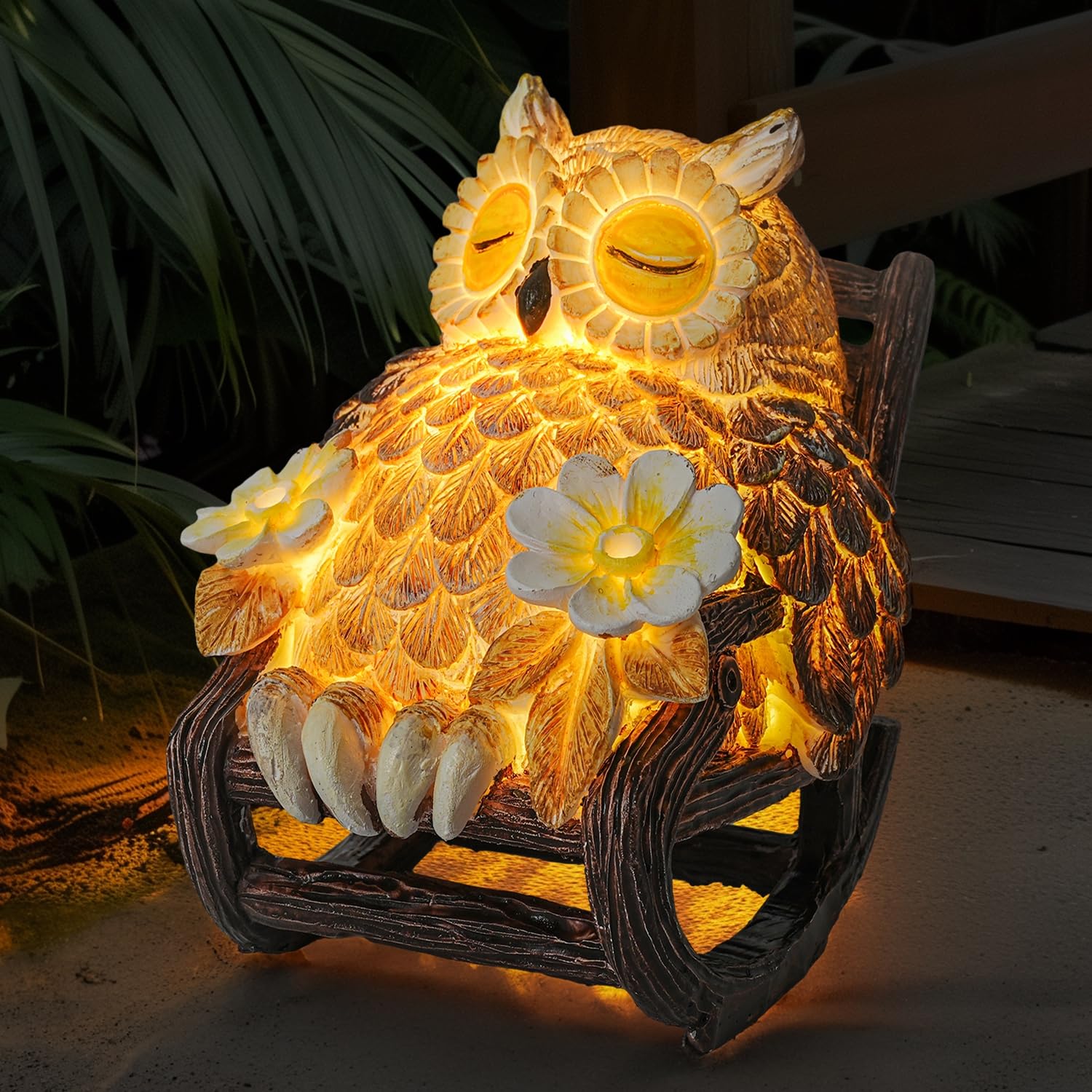 LIULO TOOL Solar-Powered Owl Statue on Chair, Cute LED Owl Figure for Home, Fireplace, Outdoor, 3x3x4 in
