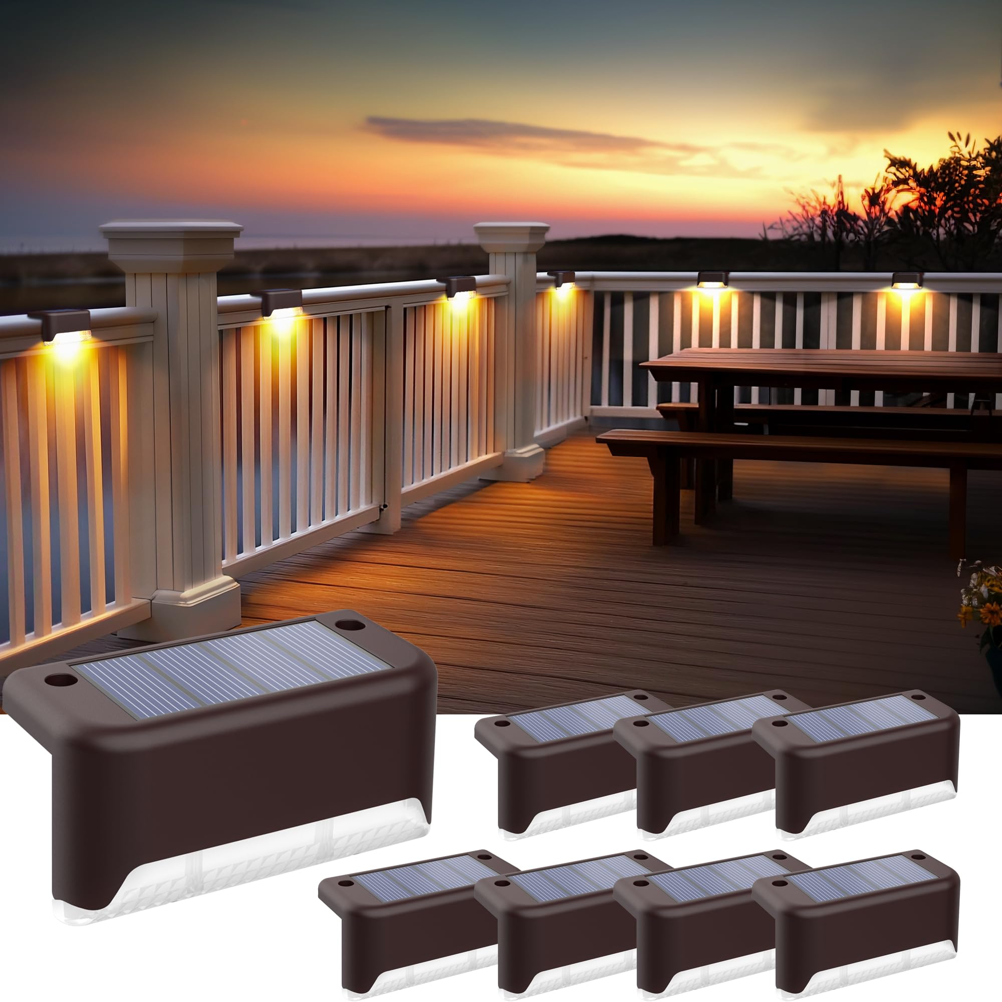 SOLPEX Solar Fence Lights Outdoor, Waterproof LED Deck Lights, 8 Pack, Warm White, Model 9779, for Stair, Balcony, Railing, Yard, Garden