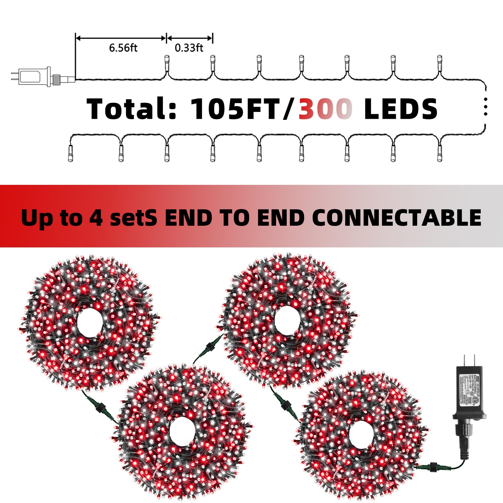 Xtf2015 Christmas String Lights  105Ft 300 Led Christmas Lights 8 Modes Memory Function & Timer- Ul Certified - Outdoor Indoor Christma S Fairy Lights For Tree  Garden  Party  Wedding(Red + White)
