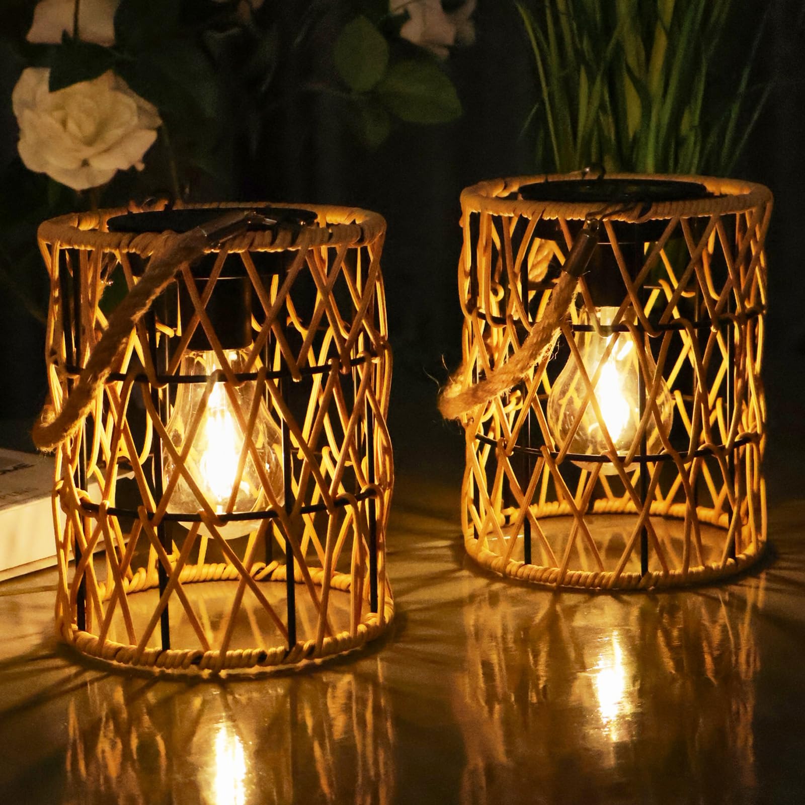 Hanging Solar Lanterns Outdoor Waterproof  2 Pack Rattan Solar Hanging Lights  Outdoor Lamp Decorations for Yard Garden Pathway Patio Pathway Proch Table Decor