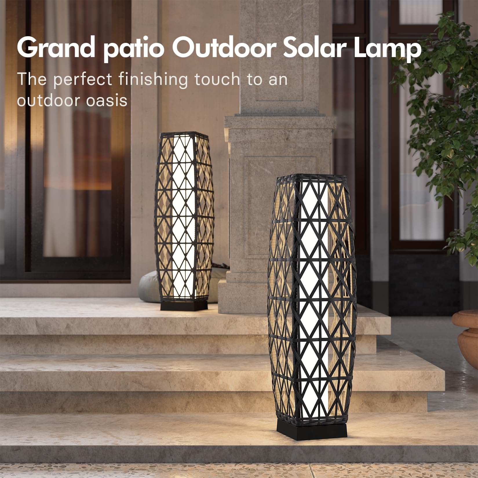 Grand Patio 2-Piece Outdoor Solar-Powered Woven Wicker Lantern Floor Lamp Decoration For Deck Garden Lawn Porch - Medium Cindy,